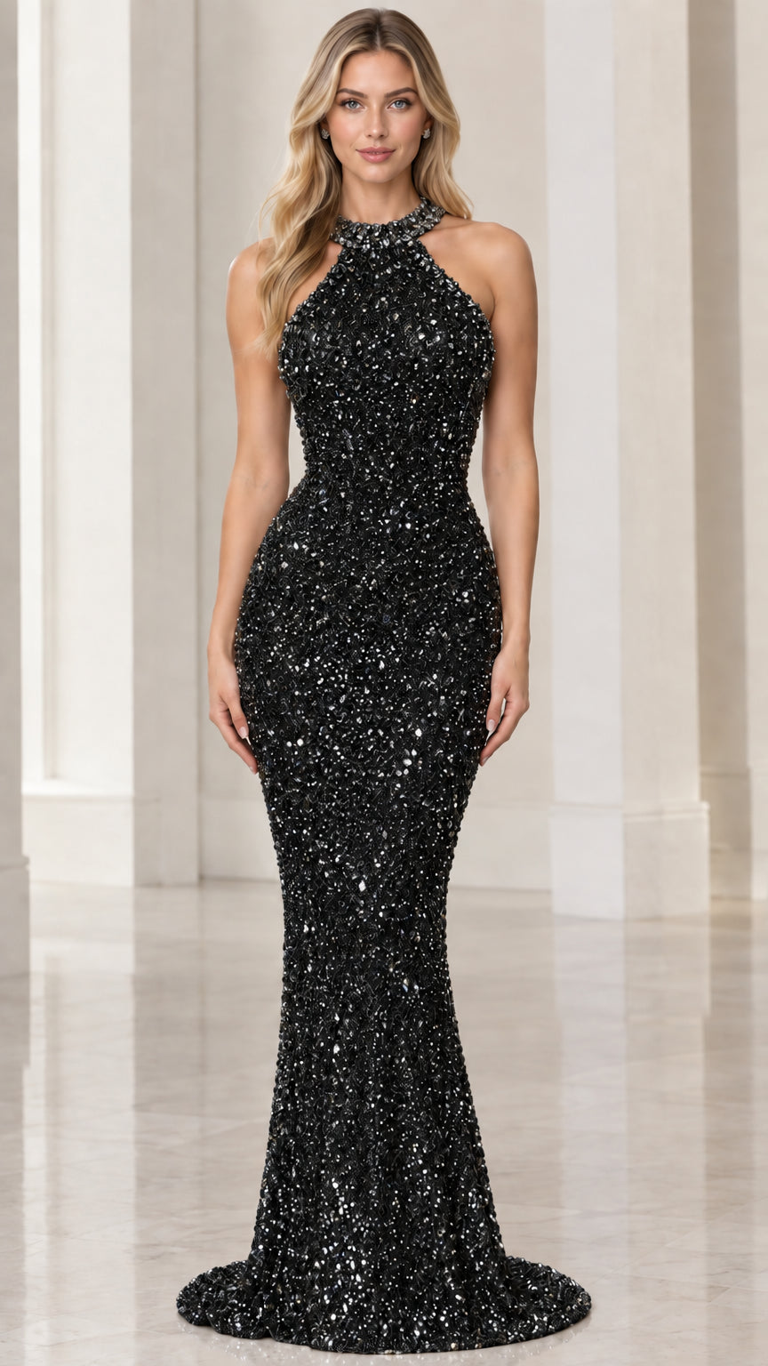 Front view of black sequin halter mermaid evening dress