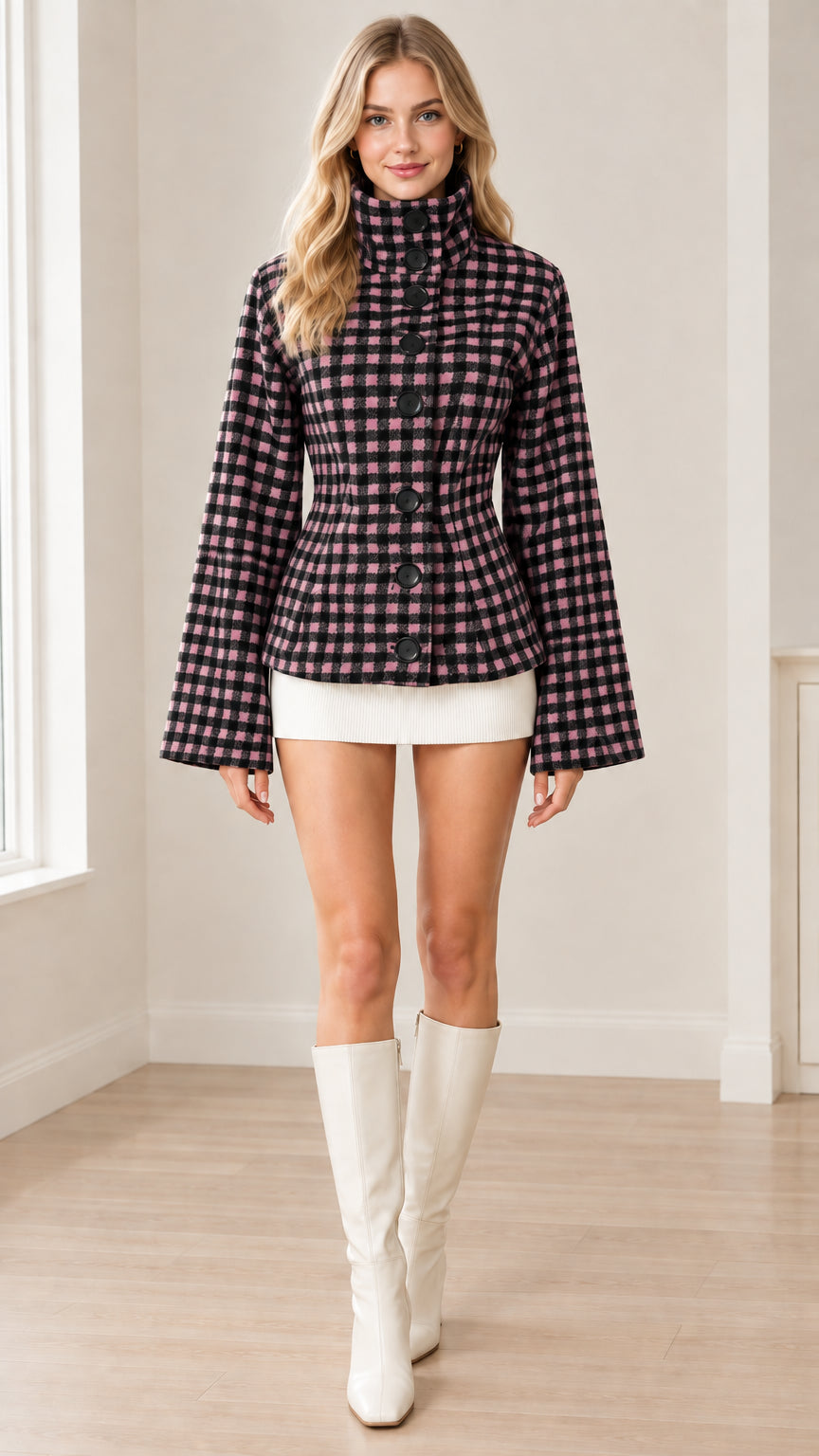 Full-length front view of model in pink plaid high-neck jacket