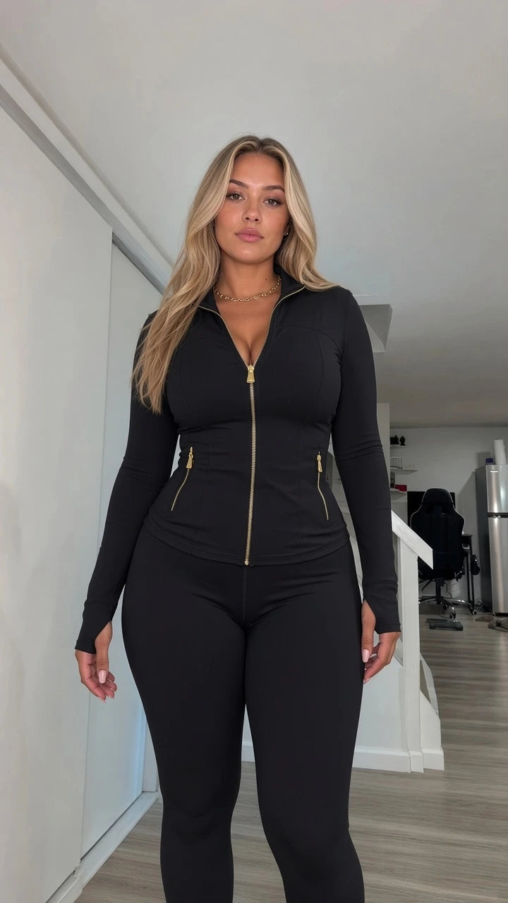 Woman wearing black fitted full-zip jacket and high-waisted leggings set