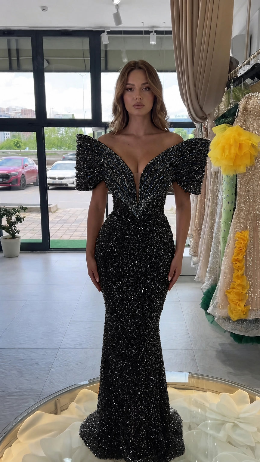 Black embellished plunge sequin mermaid evening gown with structured cap sleeves