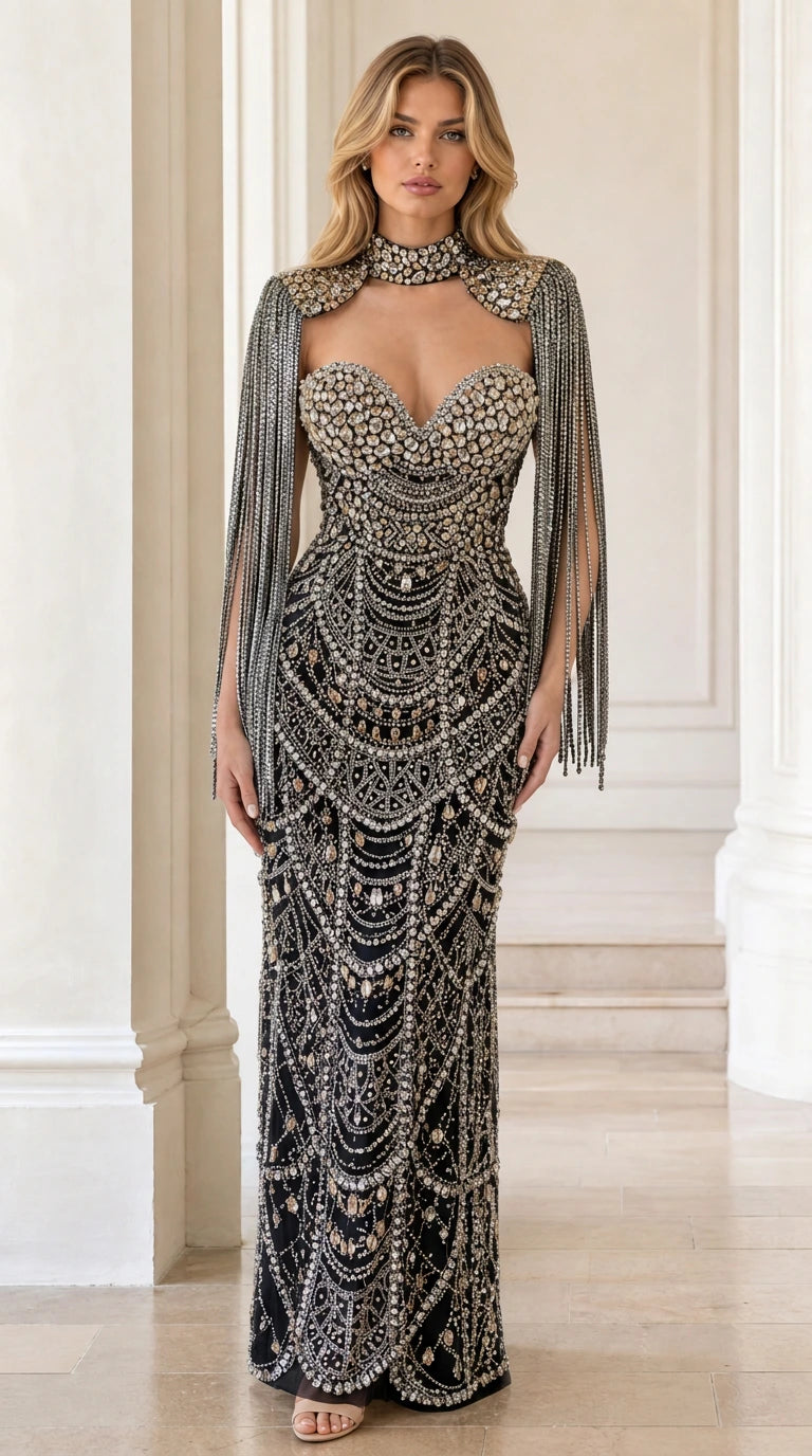 Front view of black beaded evening gown with fringe capelet