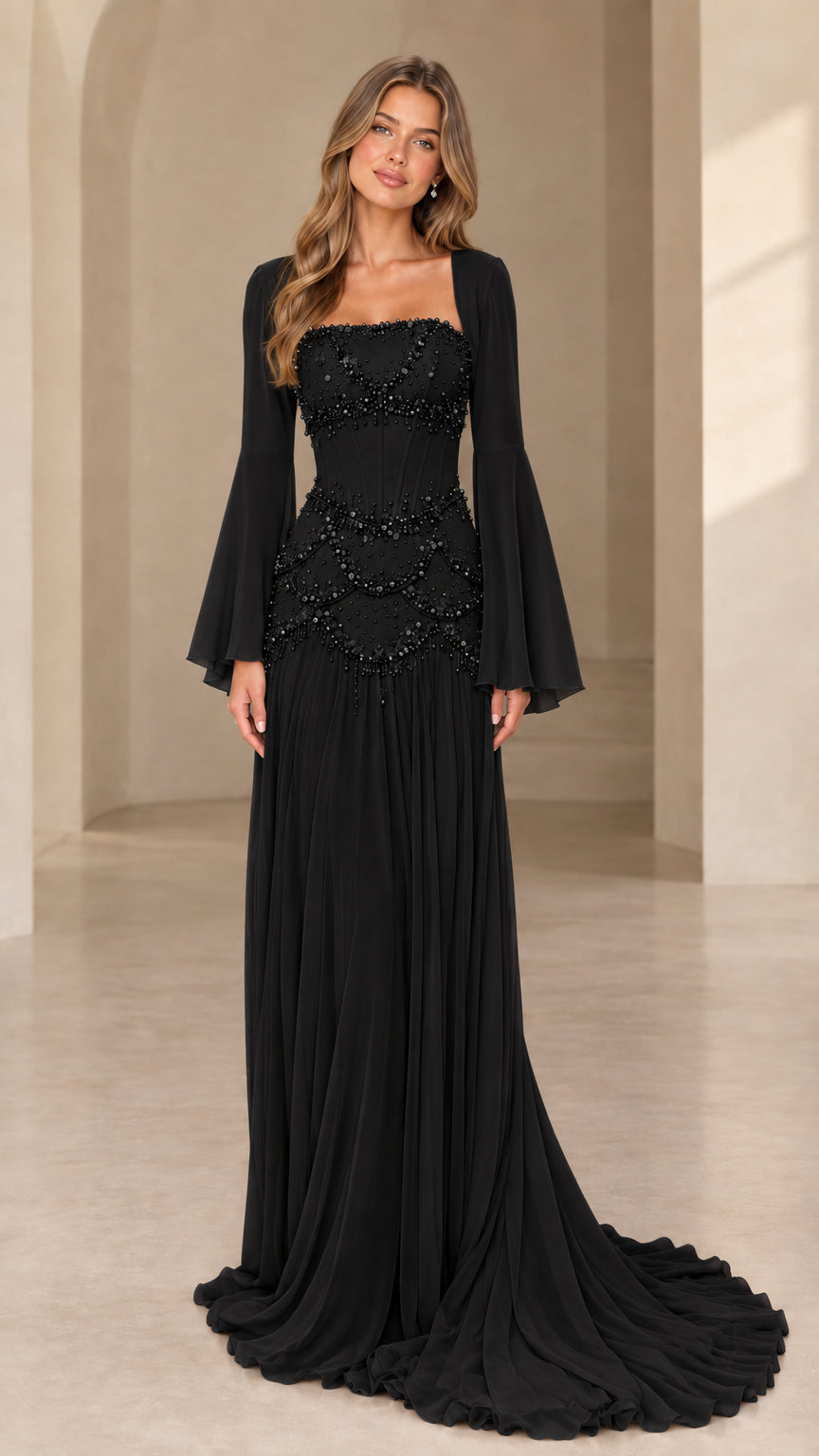 Black beaded corset maxi gown with flared bell sleeves