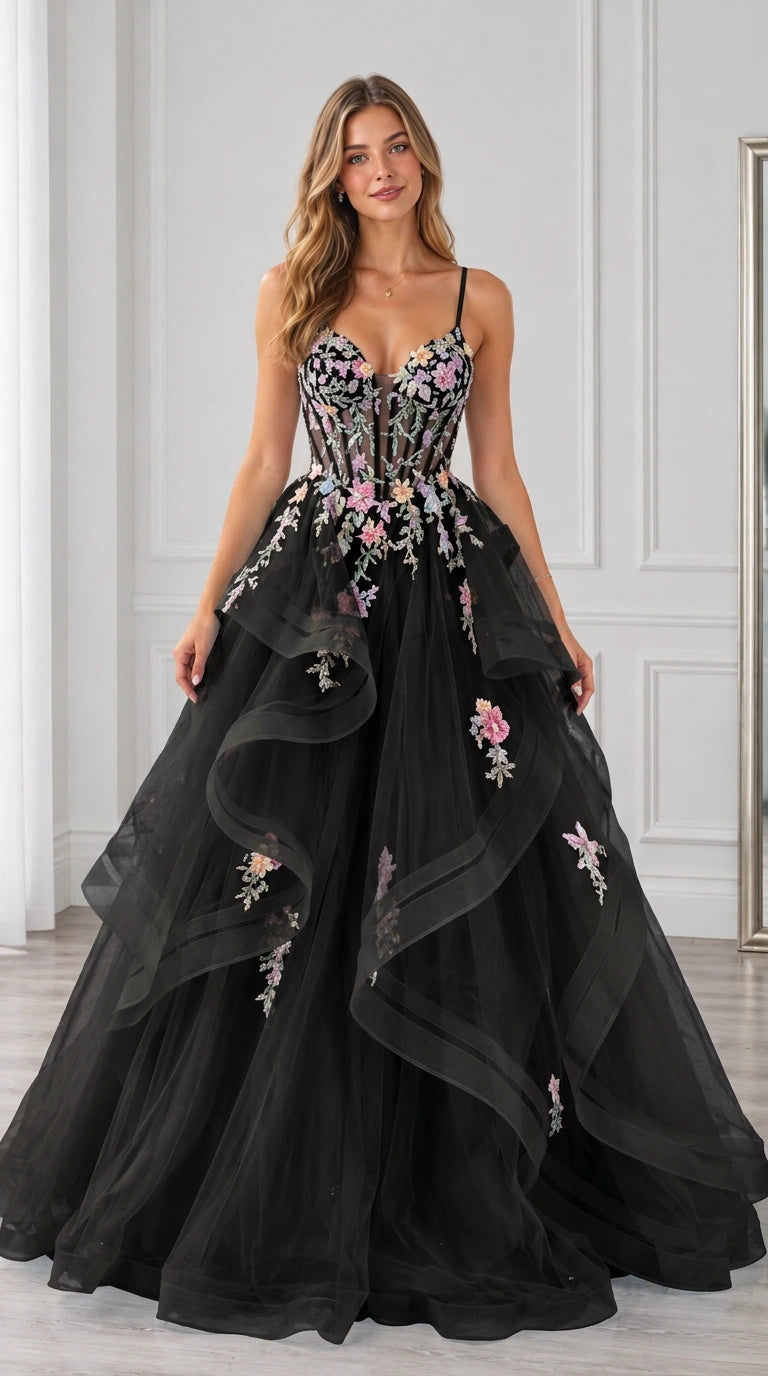 Black sweetheart corset ball gown with cascading floral embroidery and tiered tulle ruffles