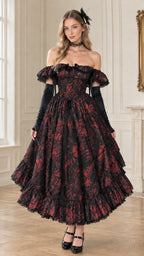 Model wearing Burgundy floral damask off-shoulder Victorian corset maxi gown