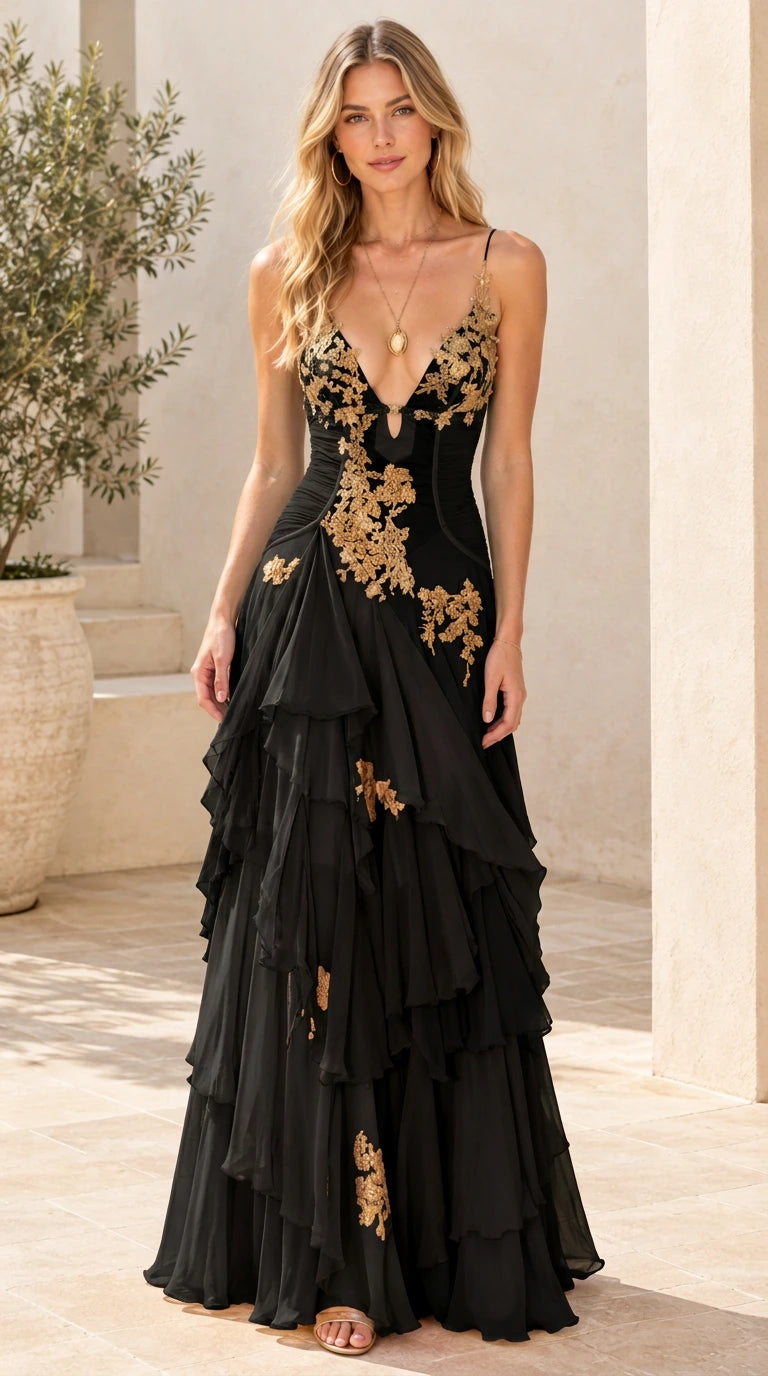 Full front view of black embroidered plunge neckline tiered chiffon maxi gown