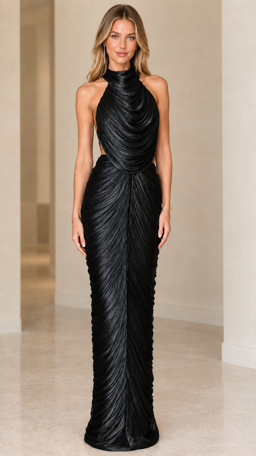 Black halter neck pleated maxi evening gown