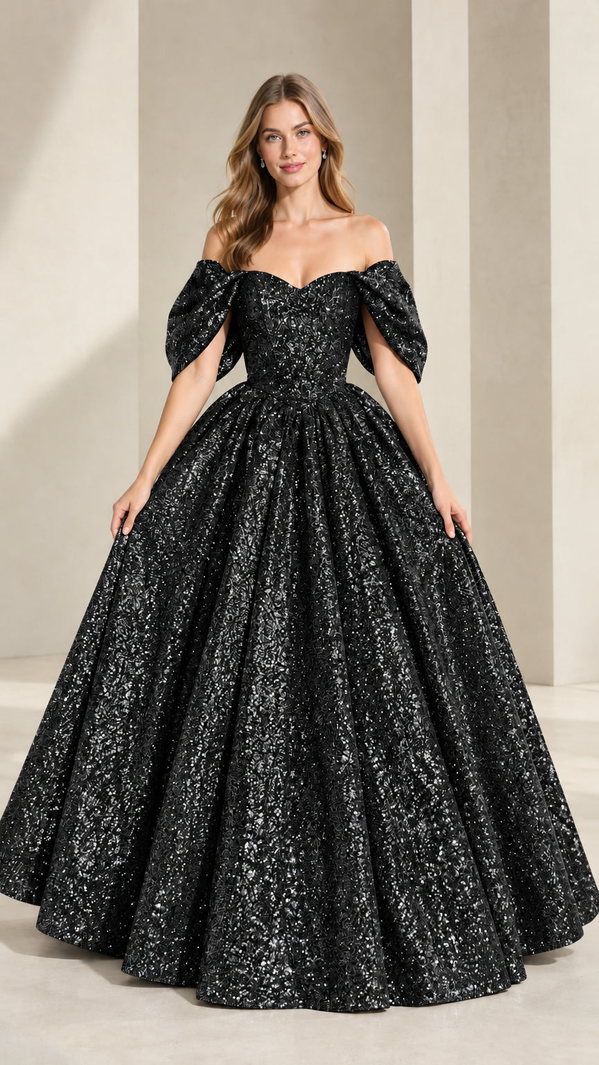 Model wearing black glitter sequin sweetheart ball gown with draped sleeves