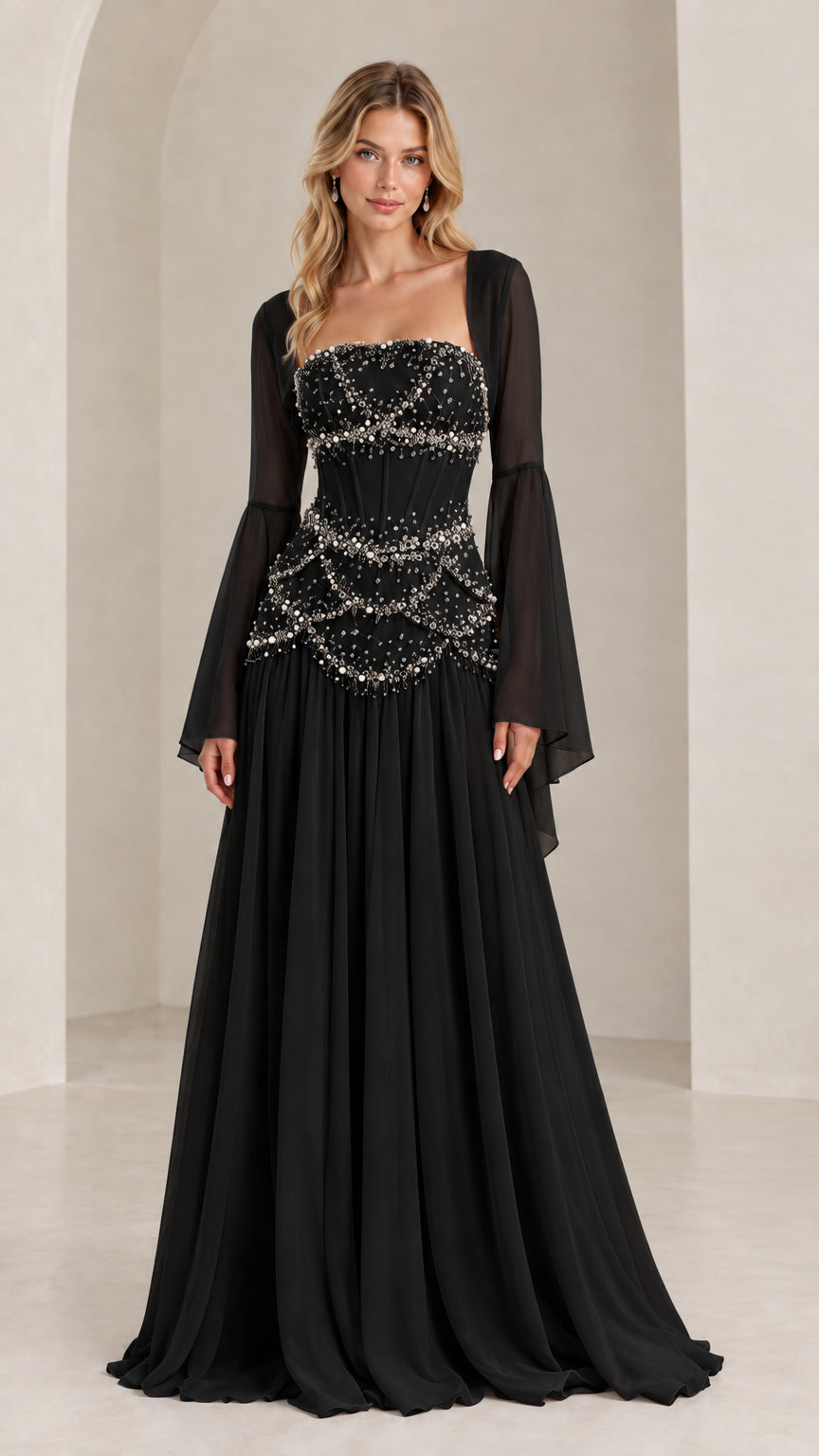 Black beaded corset formal maxi dress with sheer flared sleeve shrug