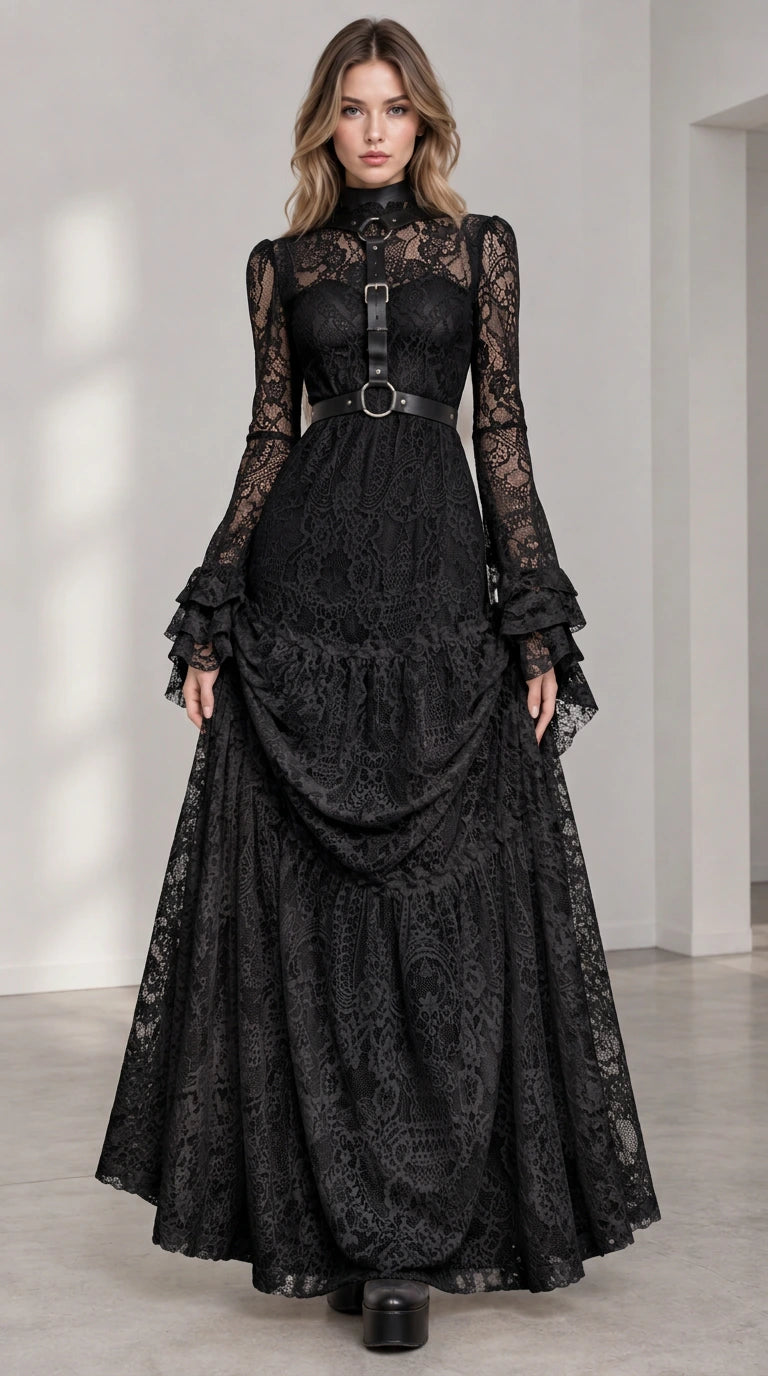 Full-length front view of woman wearing Black Gothic lace maxi dress with harness