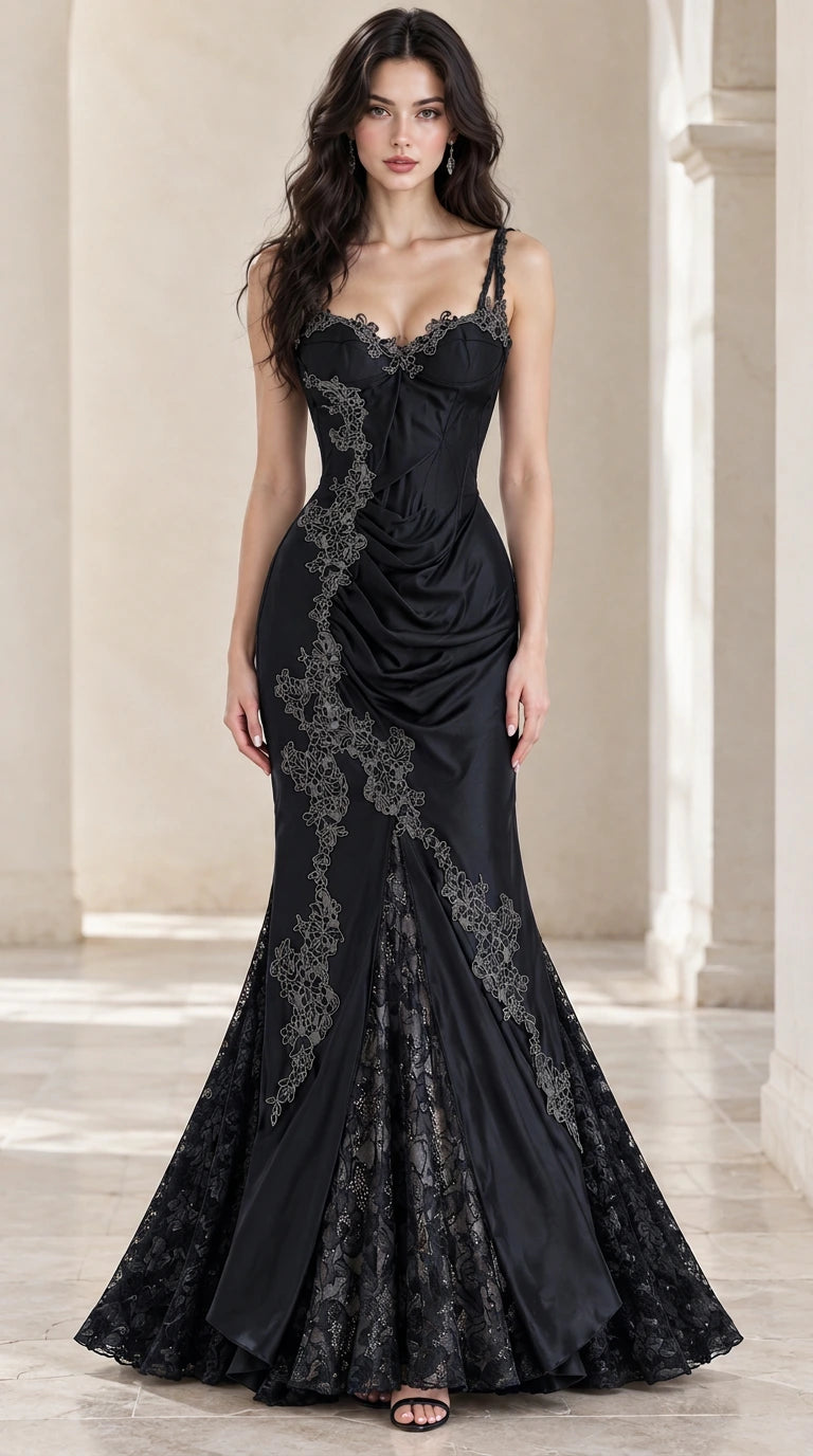 Front view of model wearing Black embroidered lace ruched satin mermaid gown