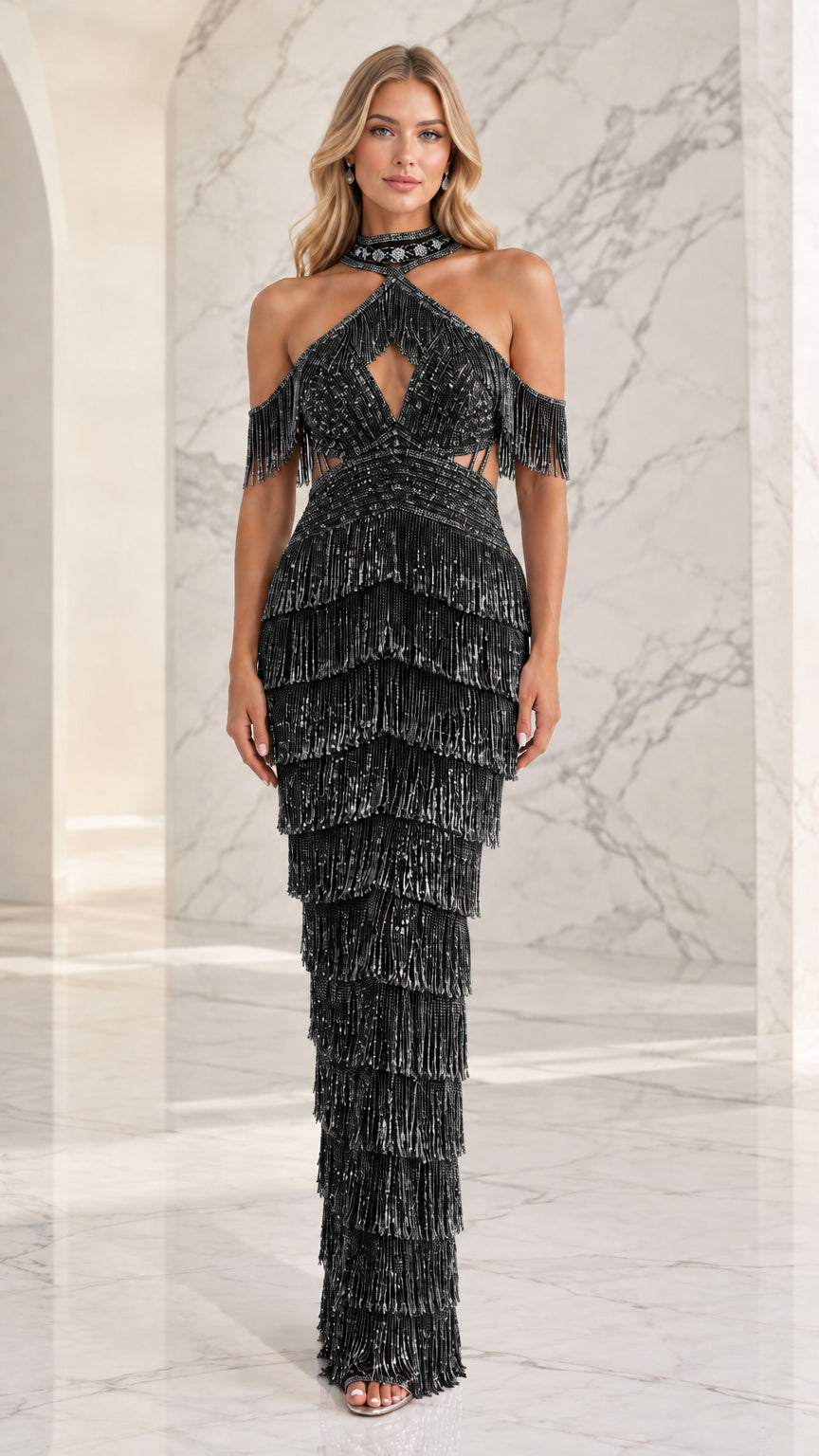 Front view of black beaded fringe halter maxi dress on model