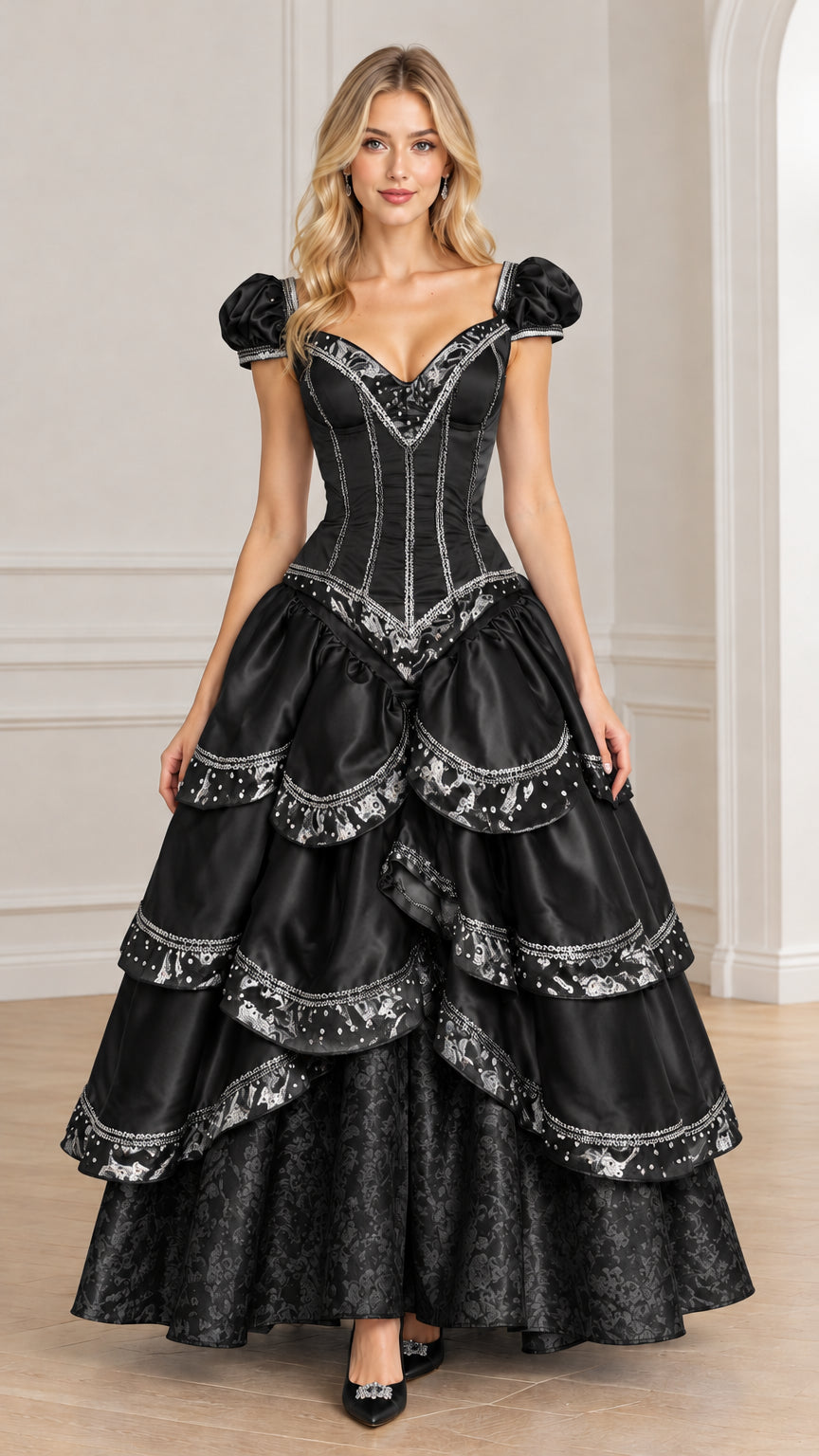 Model wearing black Victorian corset ball gown with silver trim and tiered ruffles