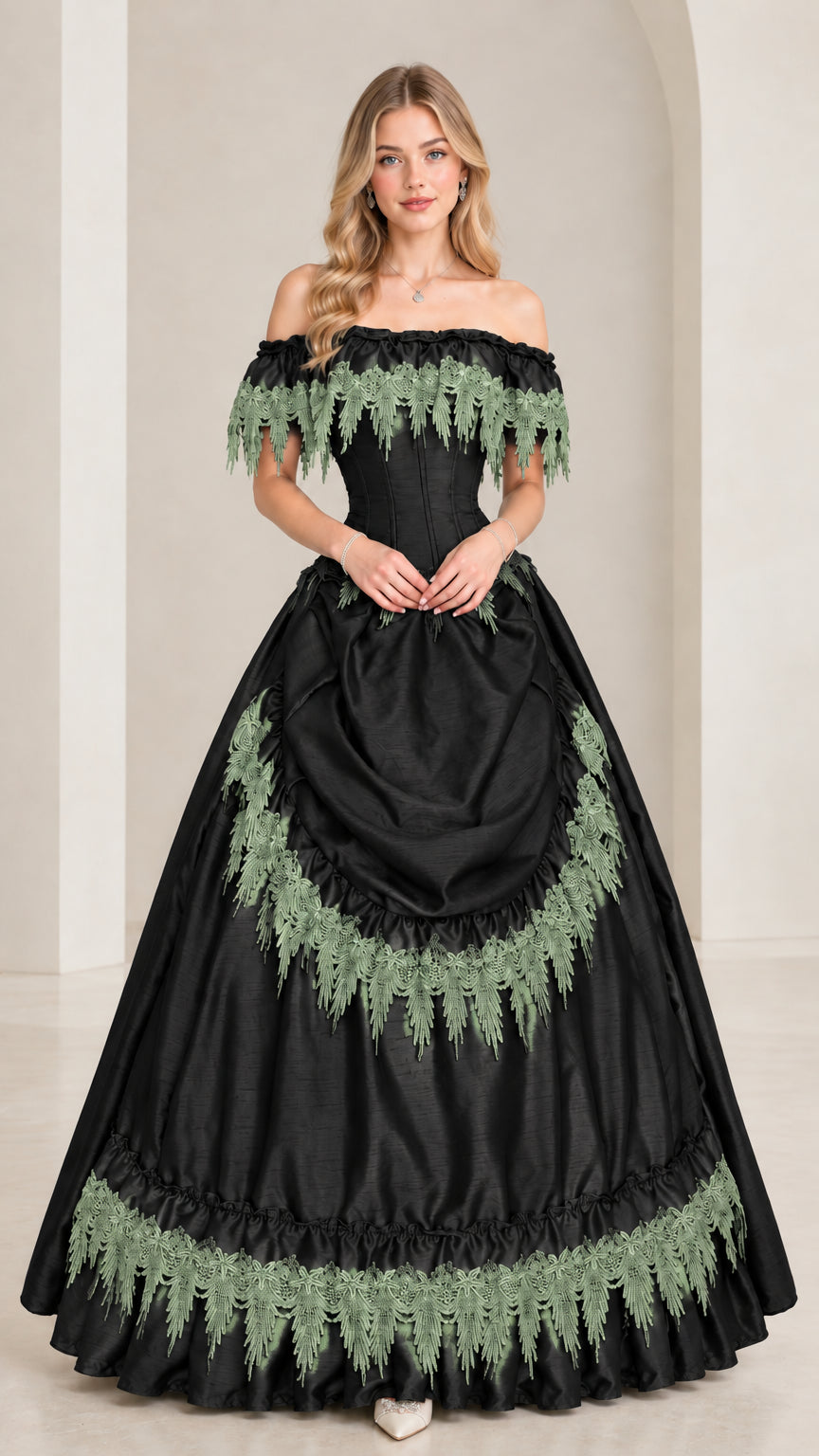 Black Victorian ball gown with contrasting green lace trim