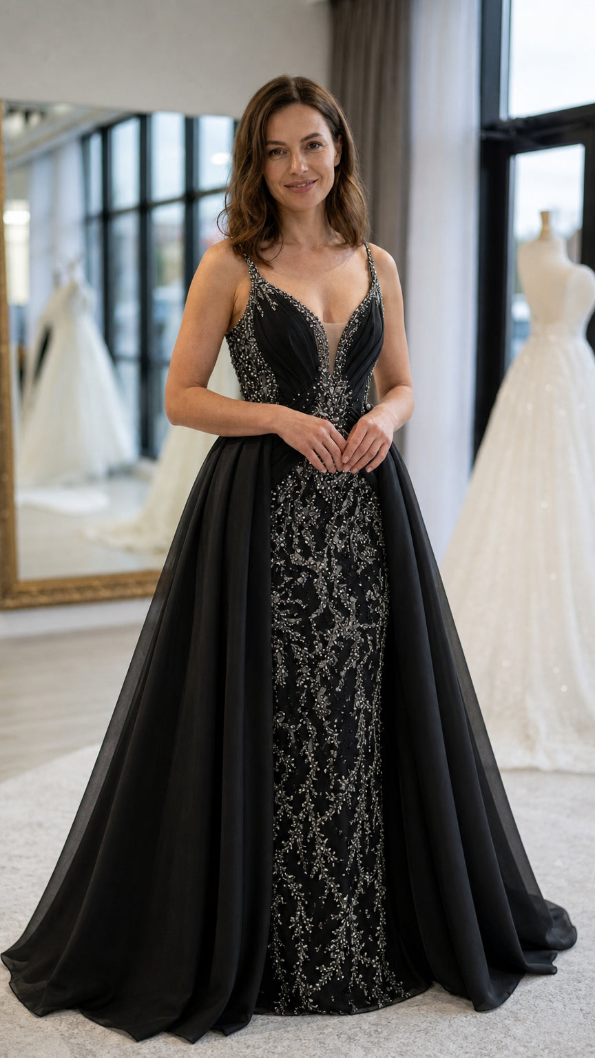 Black beaded illusion plunge evening gown with voluminous overskirt