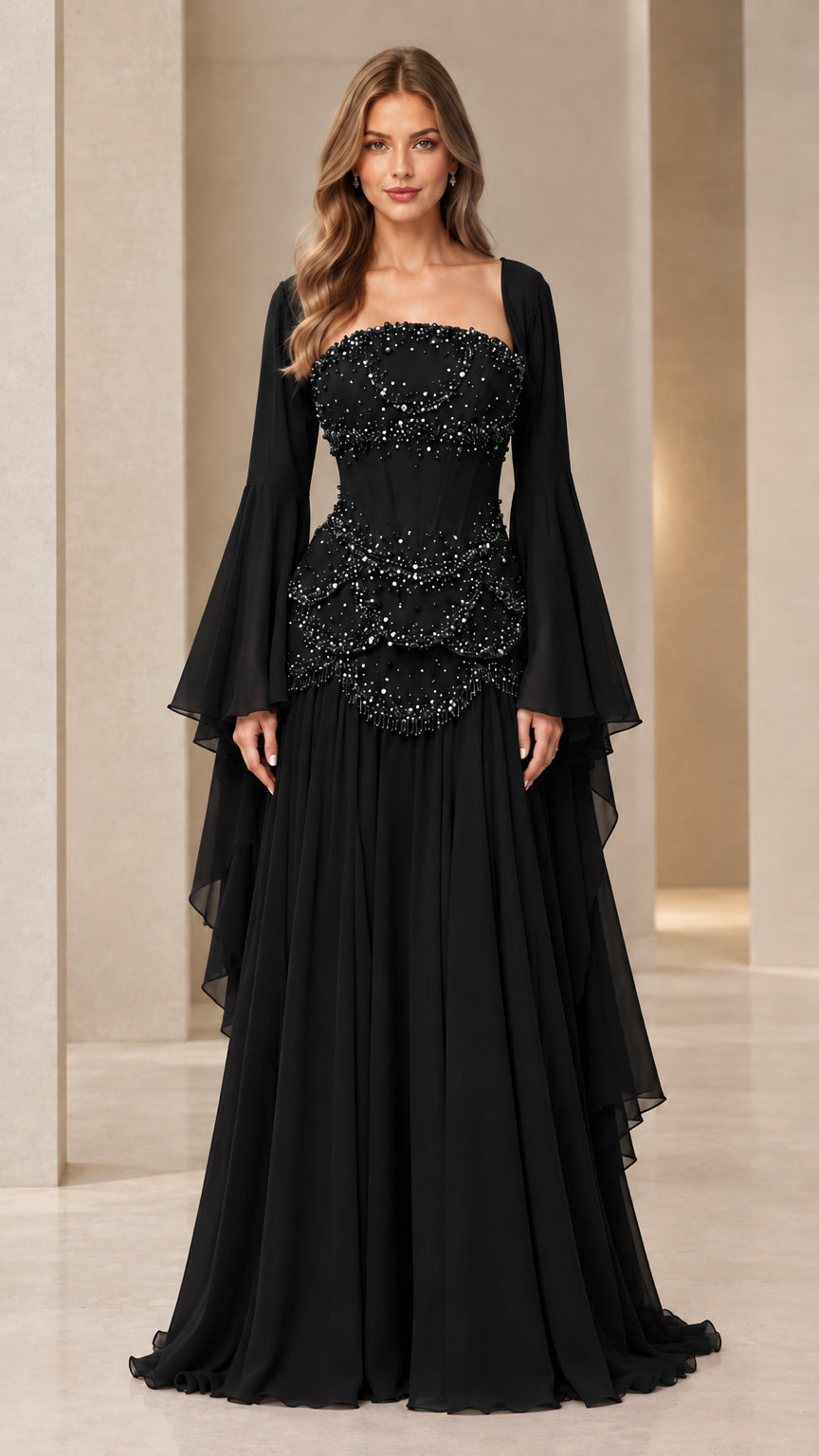 Black formal evening gown with embellished beaded corset bodice and bell sleeves