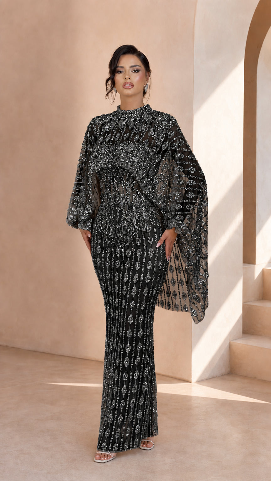 Black Embellished Cape Sleeve High Neck Formal Evening Maxi Dress
