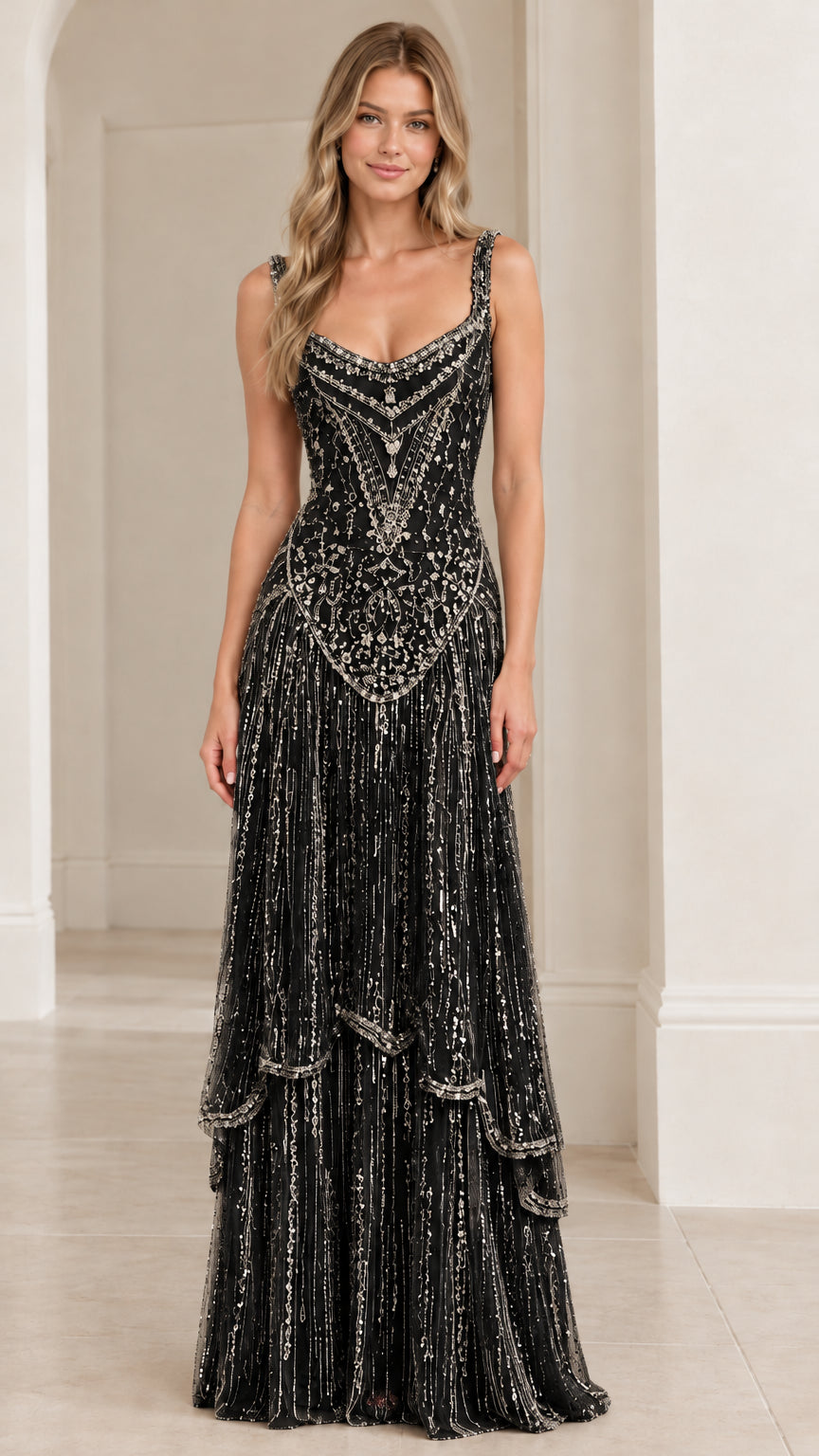 Front view of model wearing Black embellished tiered evening gown
