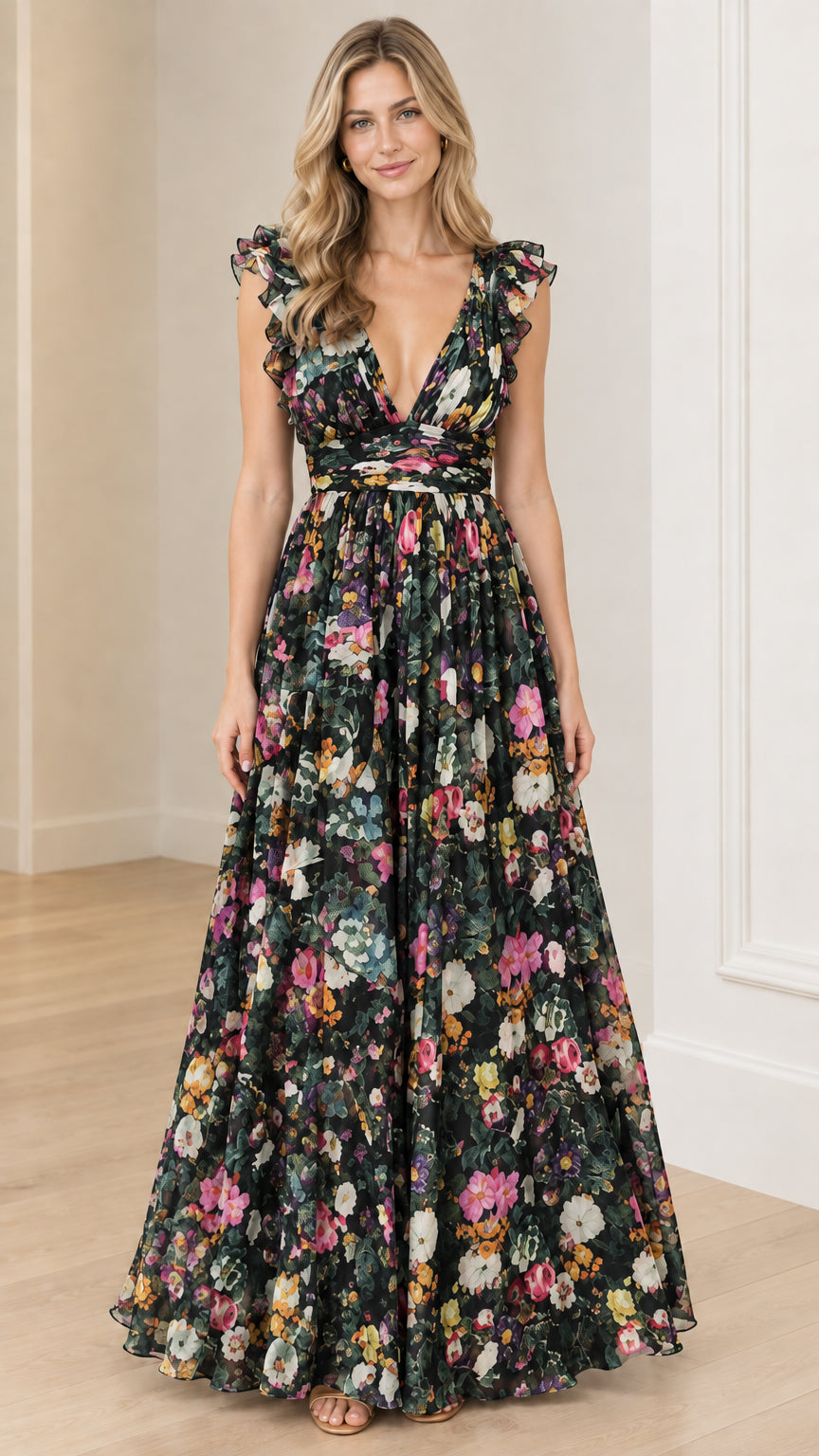 Model wearing black floral plunge neck maxi dress front view