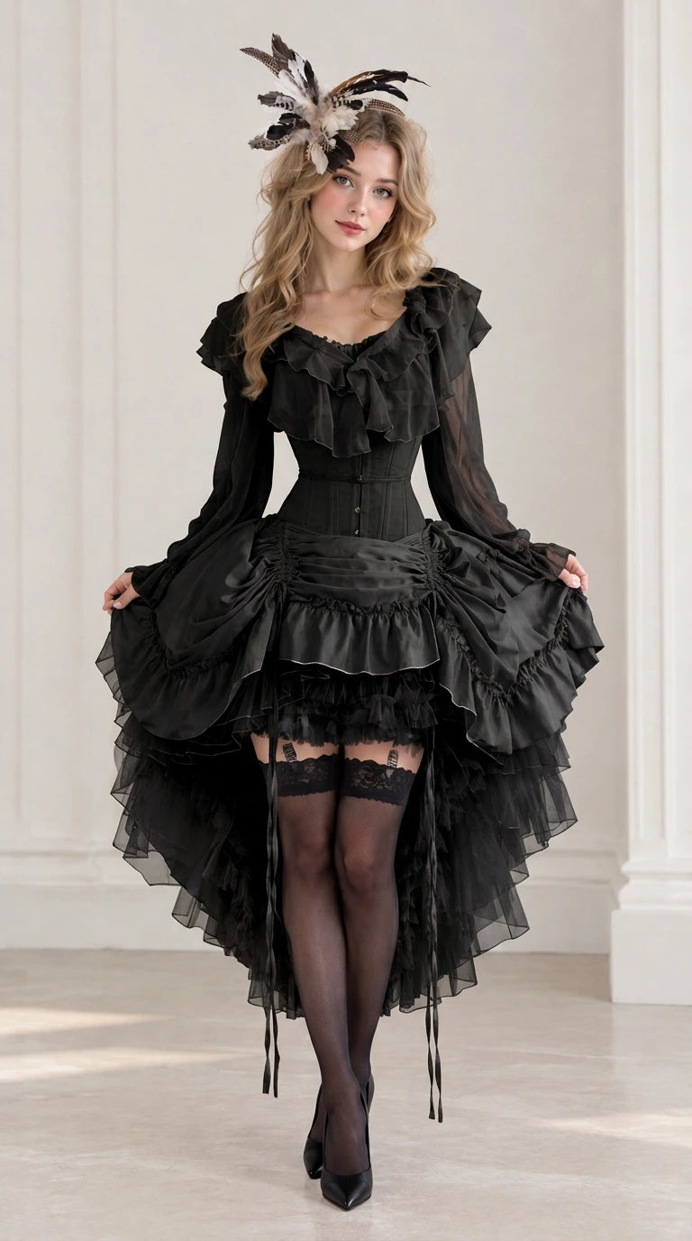 Full front view of model in black Victorian ruffled high-low corset dress