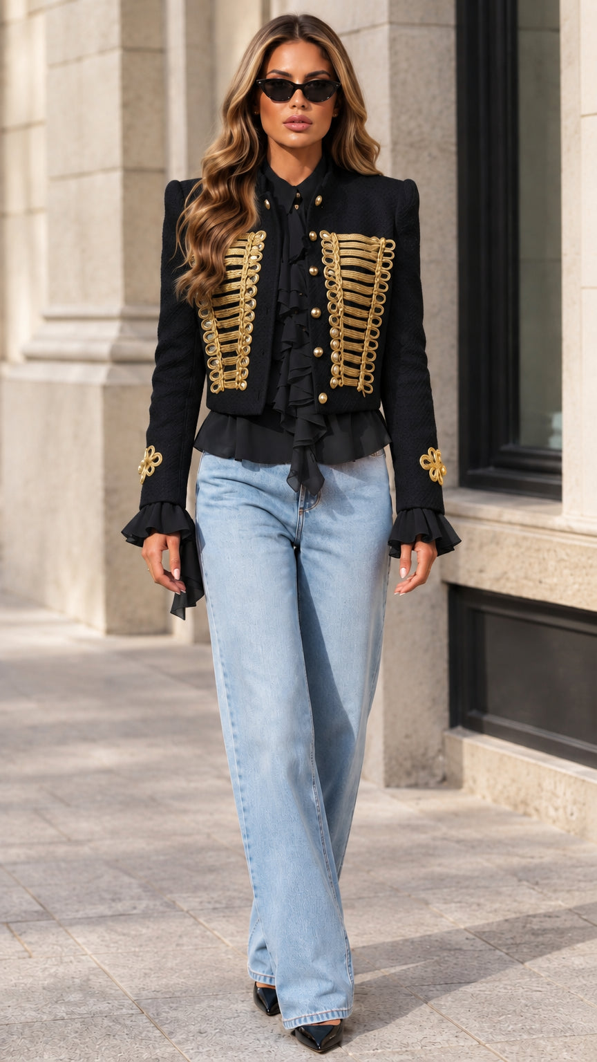 Model wearing black military jacket with rich gold frogging and black ruffle trim