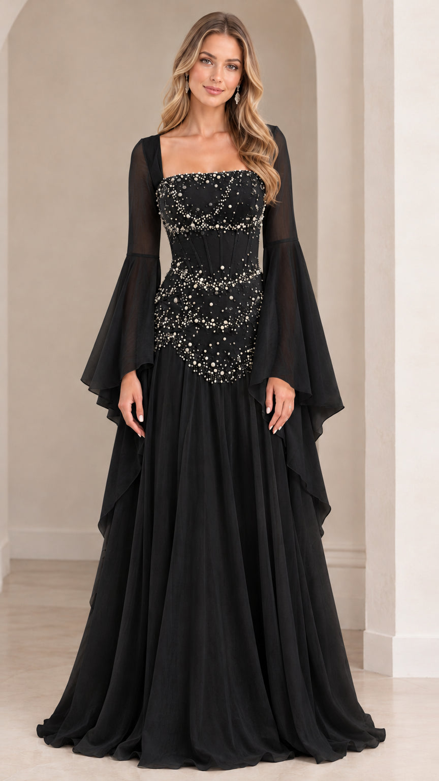 Black formal evening gown with beaded corset bodice and tiered angel sleeves