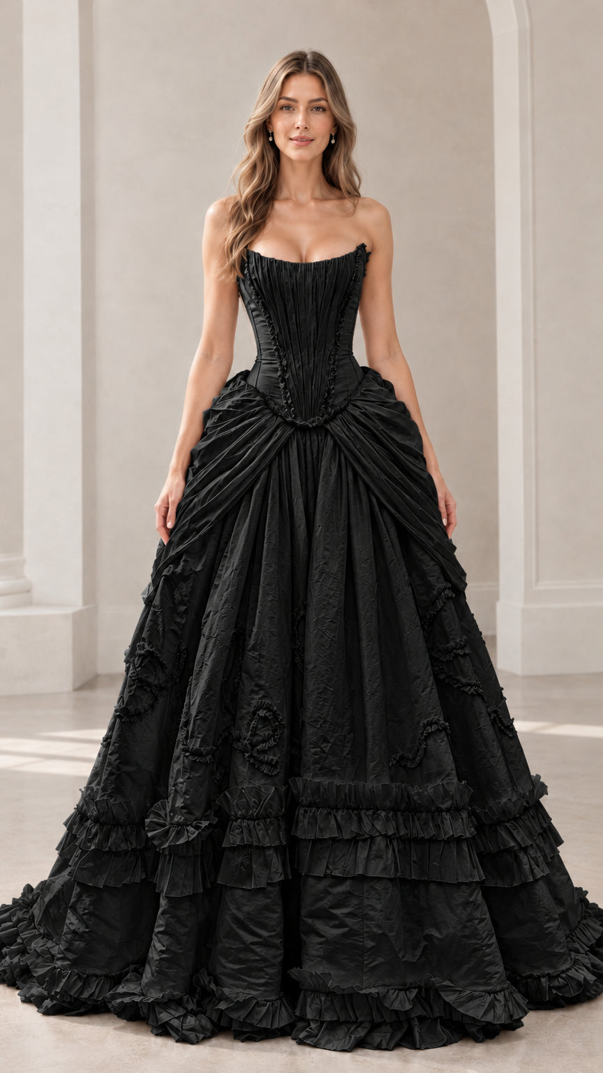 Model wearing black strapless corset ball gown with tiered ruffle skirt