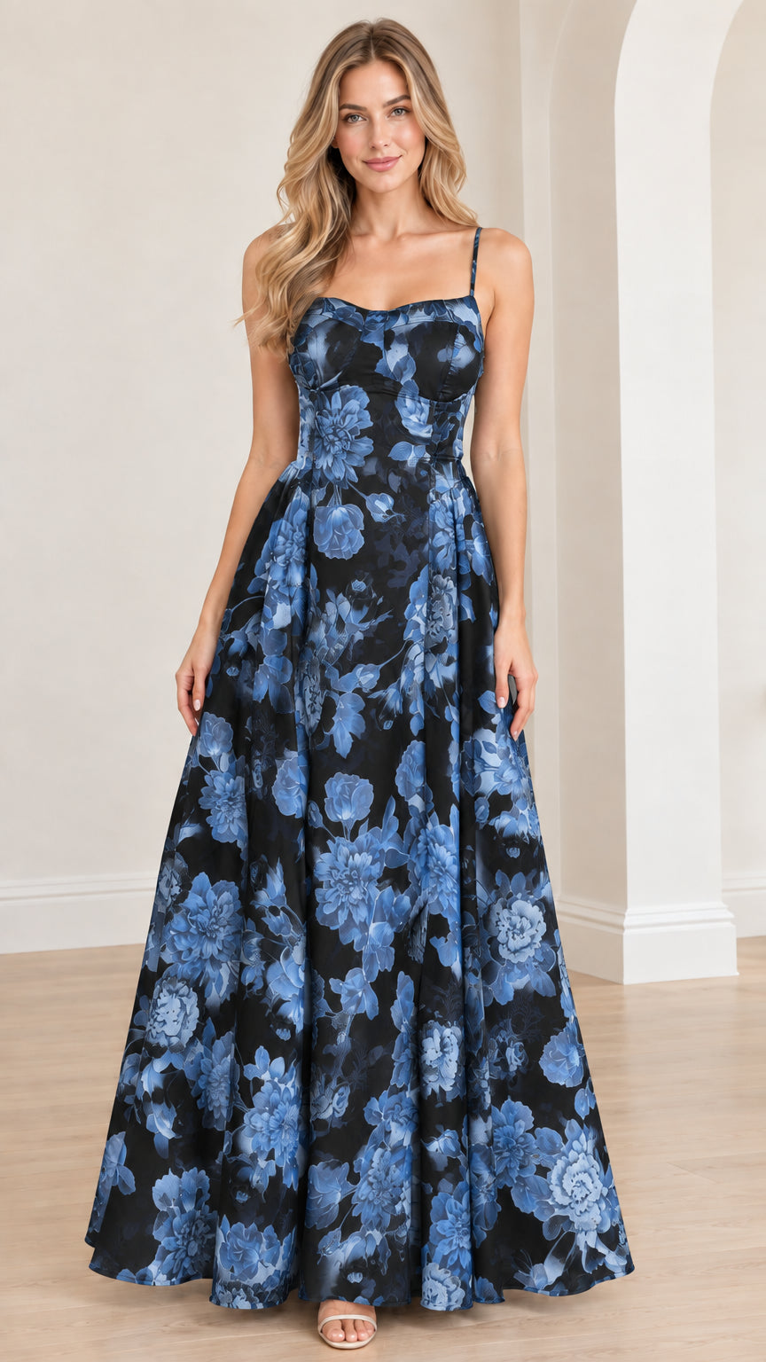 Front view of black and blue floral print corset maxi dress
