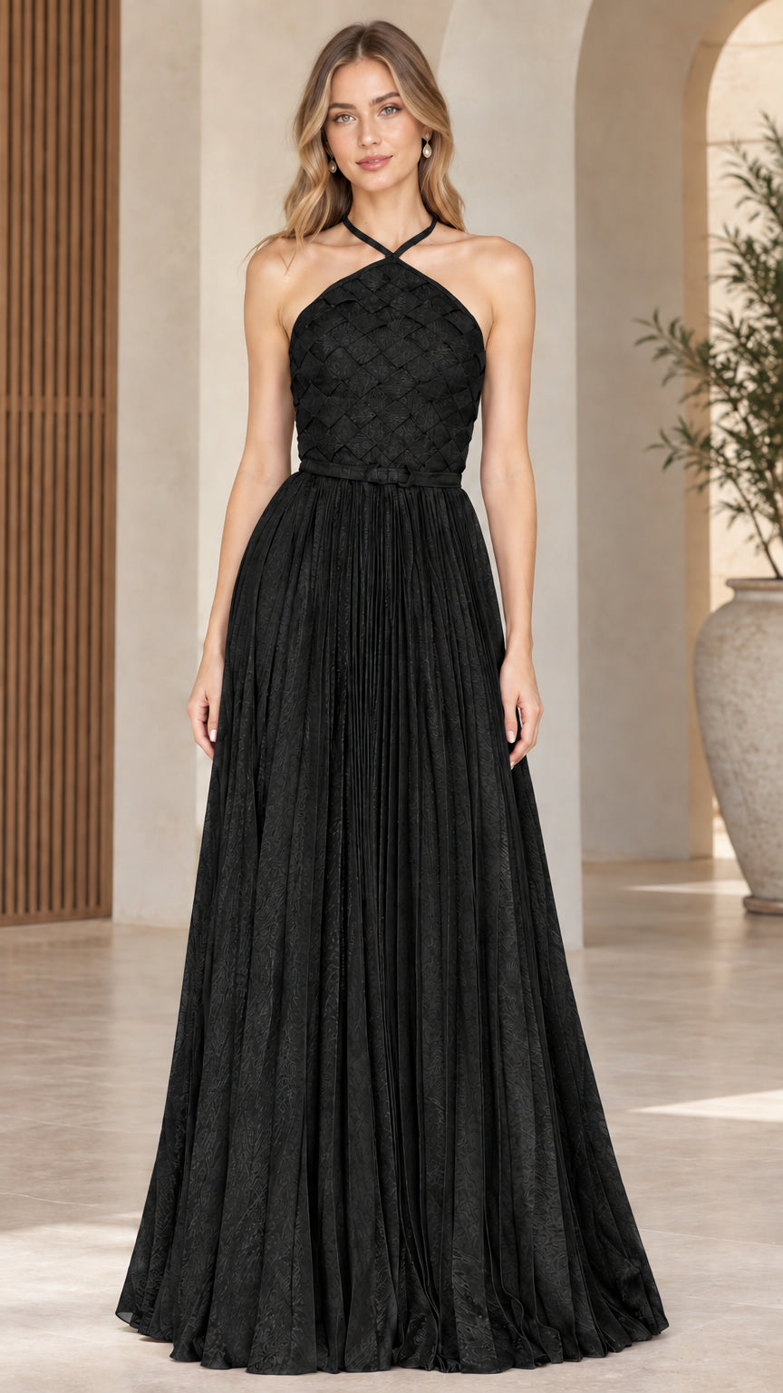 Front full-length view of Black halter neck woven bodice pleated maxi evening dress