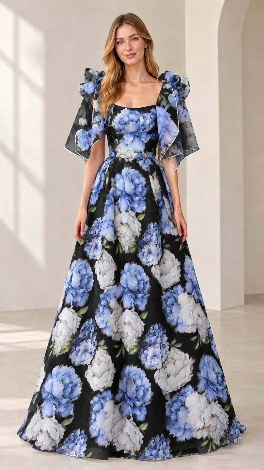 Model wearing black floral print flutter sleeve A-line maxi evening gown