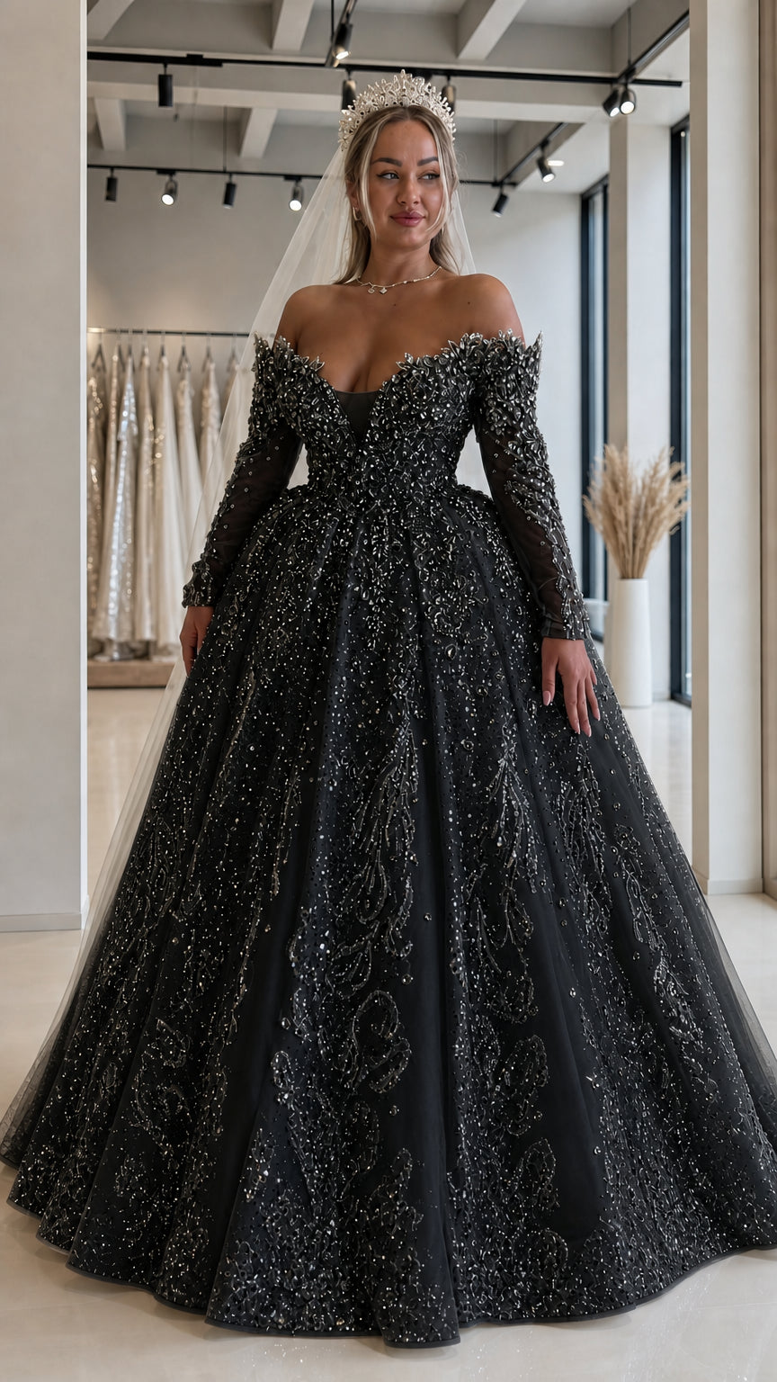 Front view of black off-the-shoulder sequin ball gown evening dress