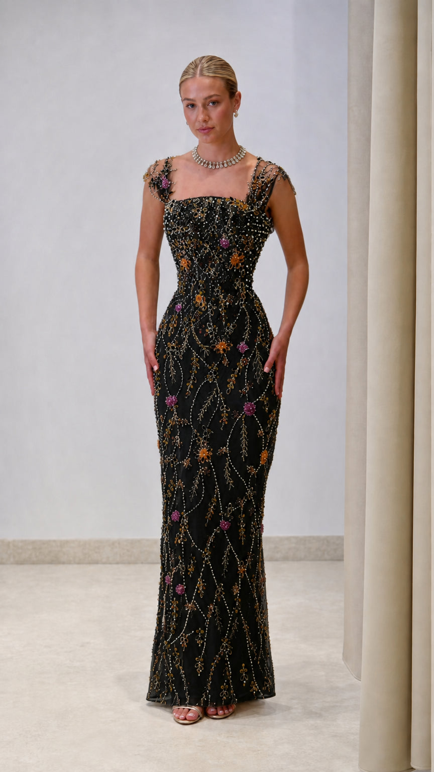 Black floral beaded square neck column maxi evening dress