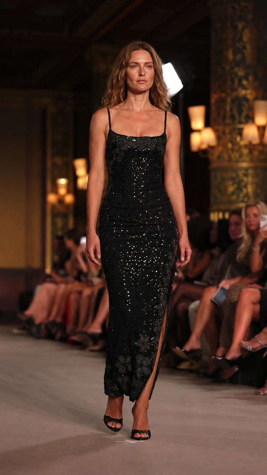 Front view of model wearing the floral sequin column evening dress in Black