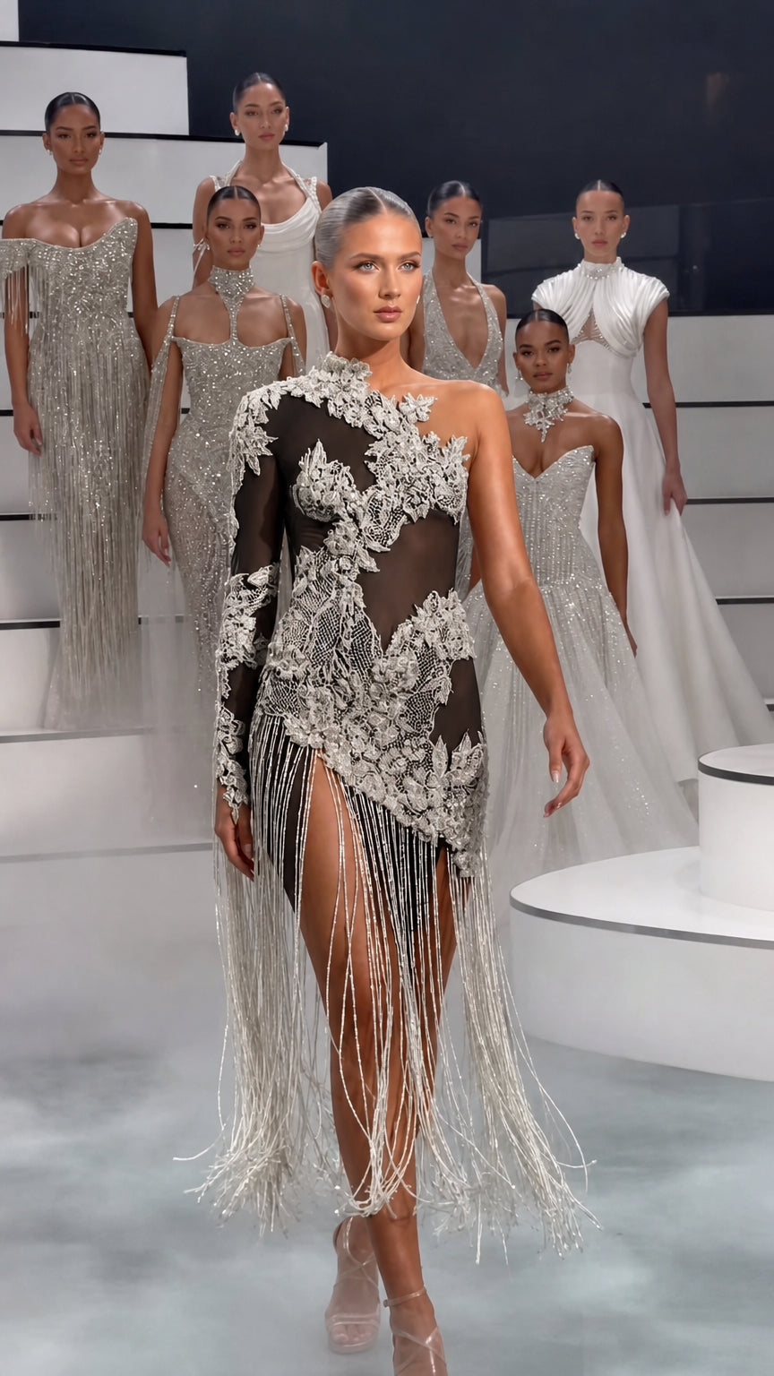Black and silver embroidered high-neck asymmetric fringe evening dress