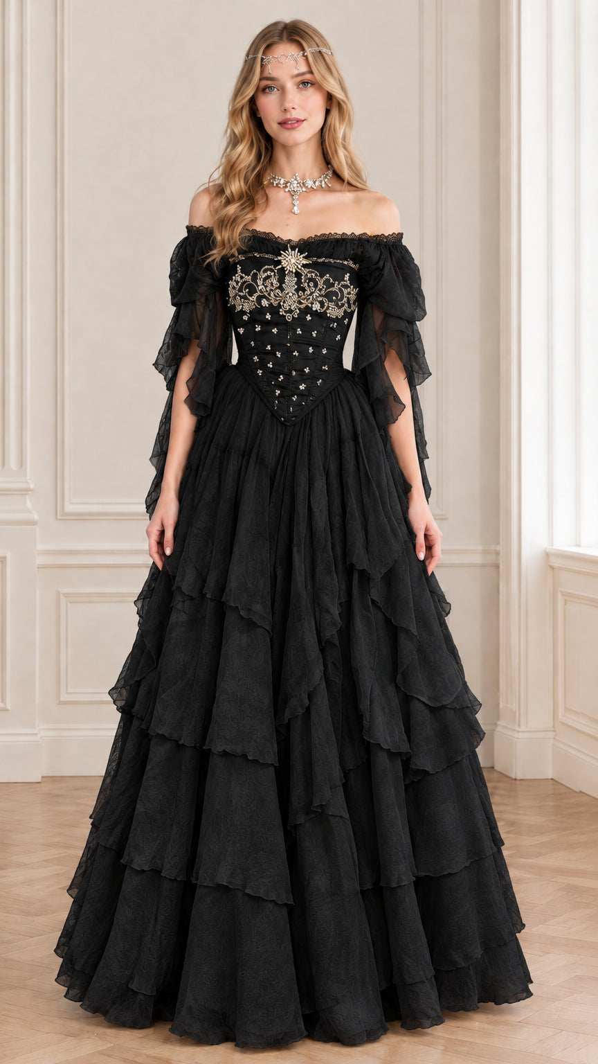 Black off-the-shoulder embroidered corset ball gown with tiered ruffle skirt