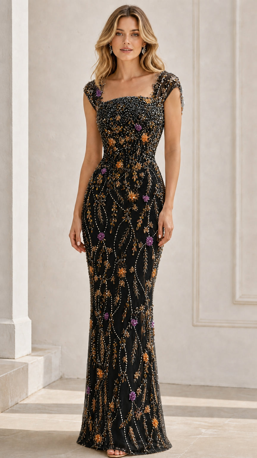 Front view of black floral beaded cap sleeve square neck evening gown