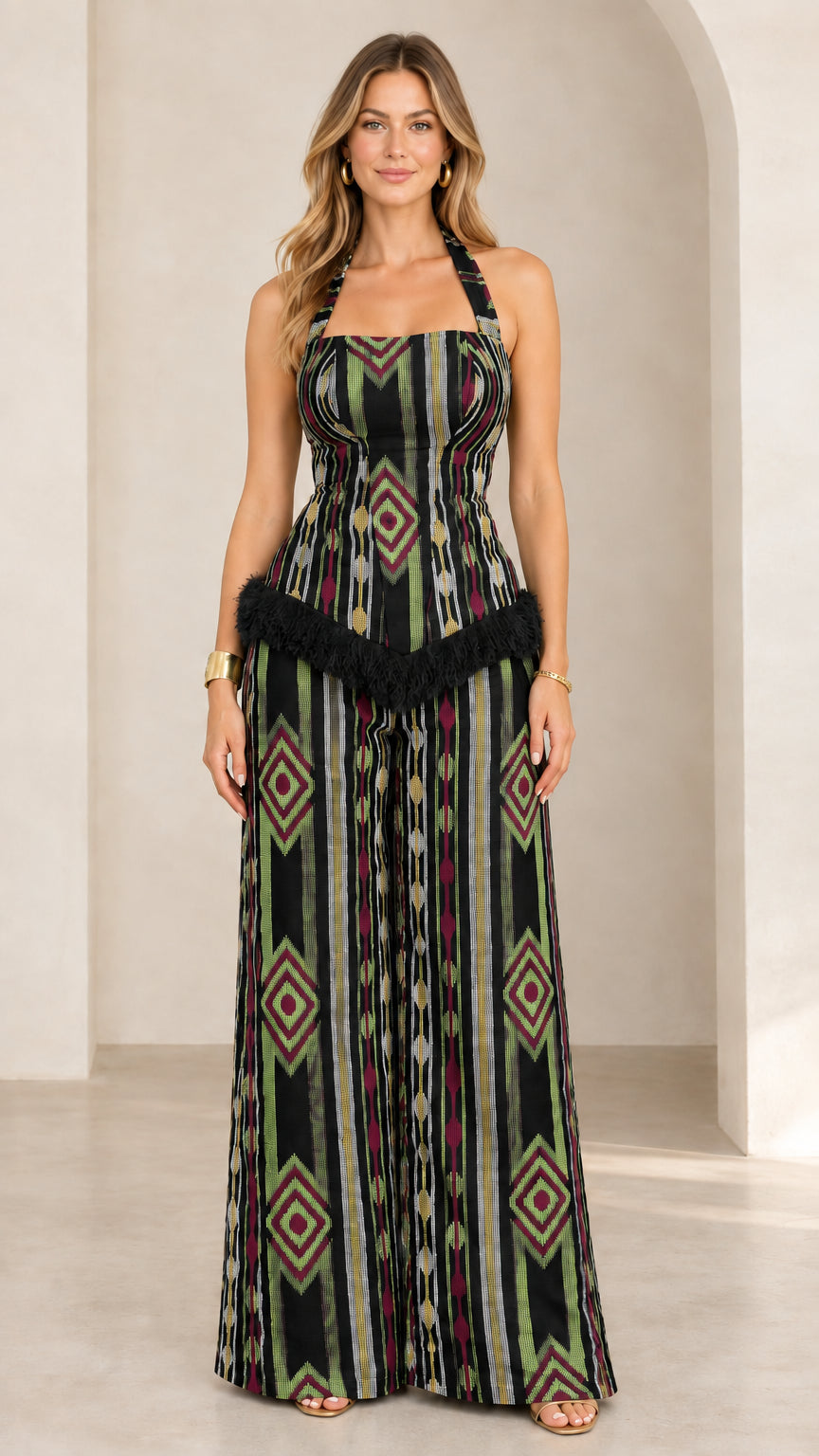 Black geometric print halter top and wide leg pants set with dark fringe trim