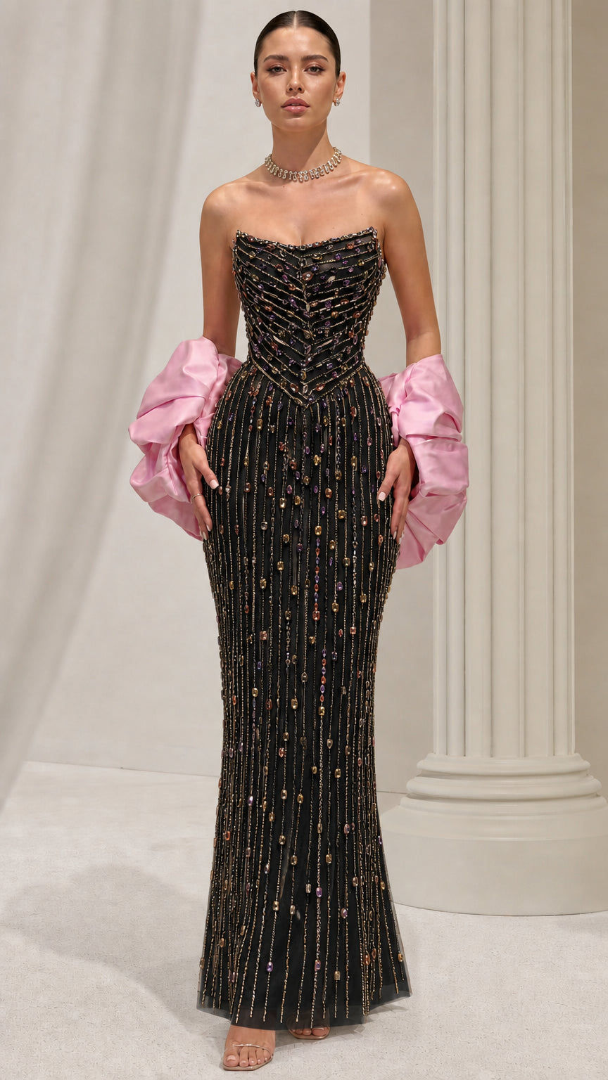 Black strapless beaded column evening dress with contrasting pink puff sleeves