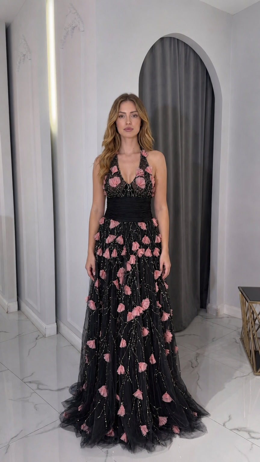 Black halter tulle evening gown with pink 3D floral appliqués