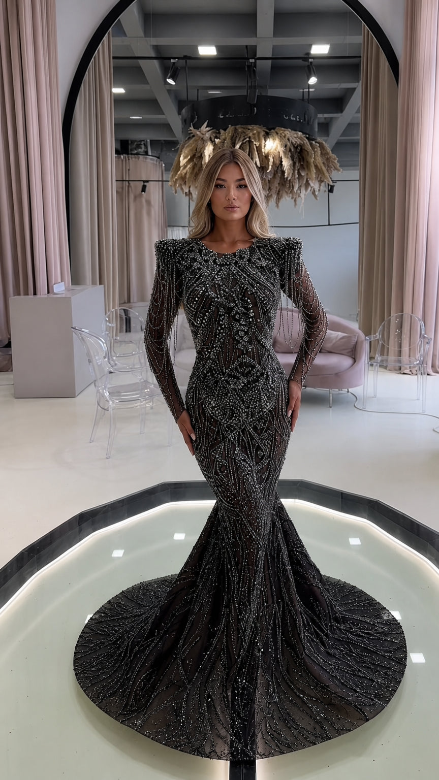 Front view of black long-sleeve crystal-embellished mermaid evening gown with train