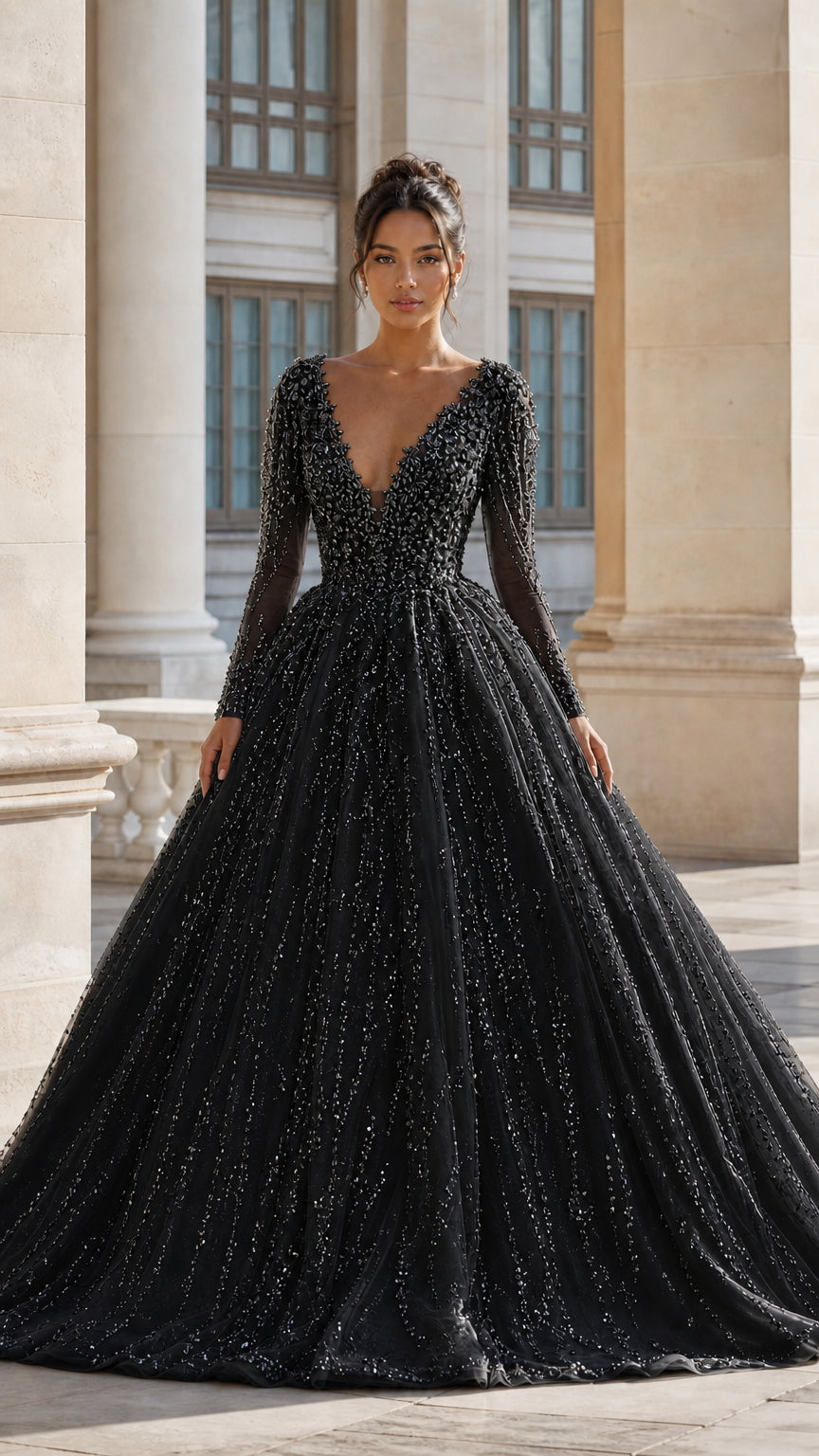 Black long sleeve beaded plunging neckline tulle ball gown evening dress