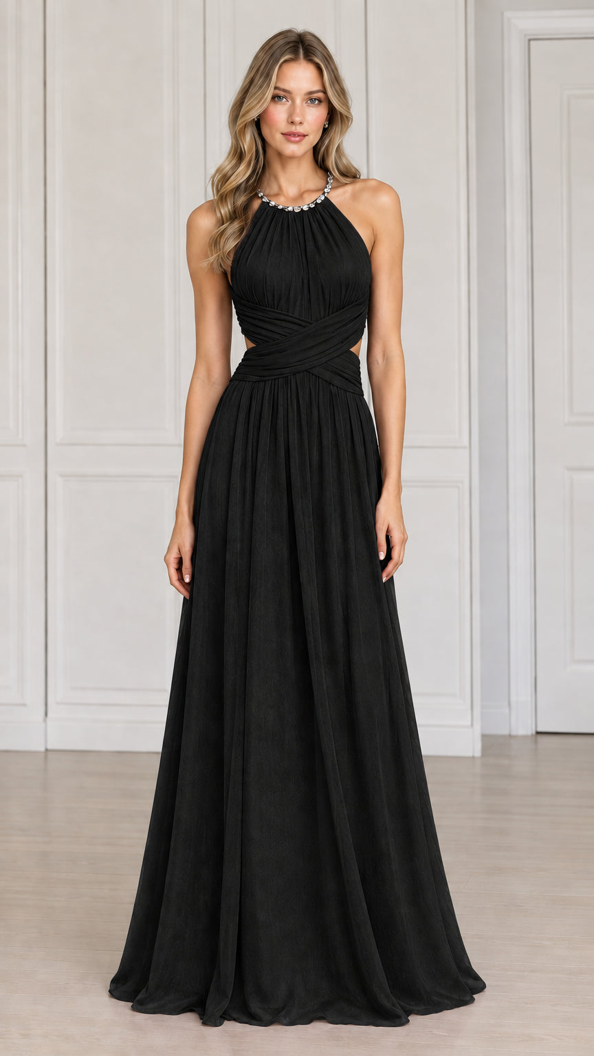 Front view of the embellished halter cutout maxi evening dress in classic black