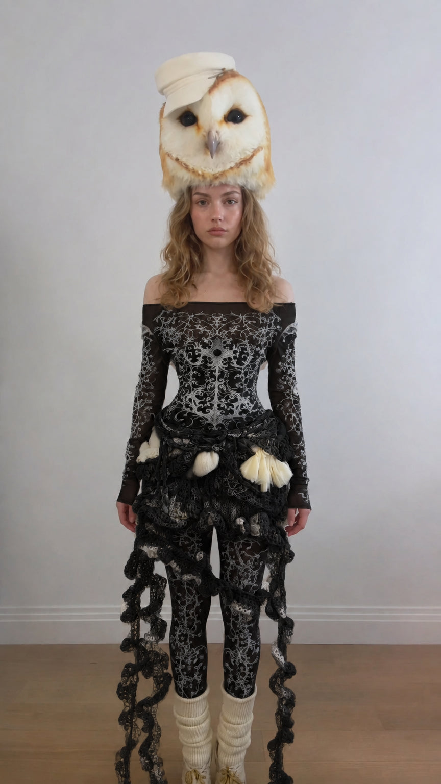 Front view of the Black avant-garde baroque print bodysuit set with cascading textured ruffles