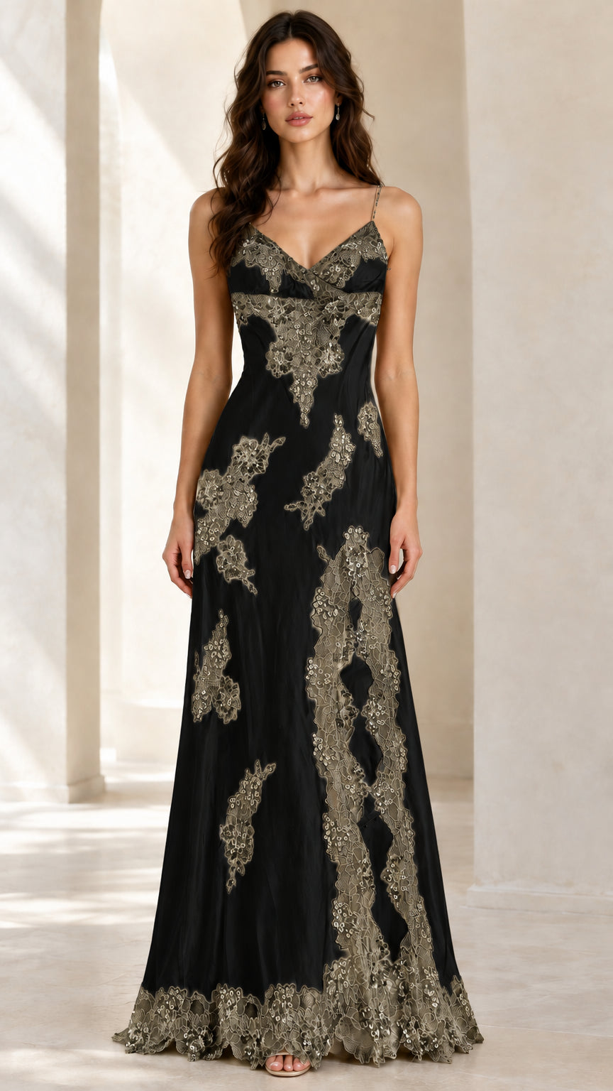 Black satin maxi evening gown with contrast bronze sequin lace embroidery