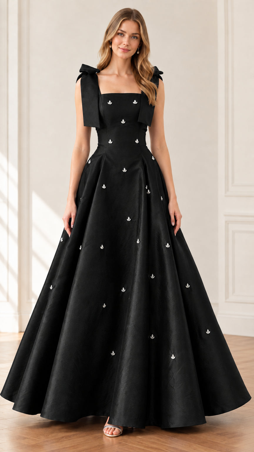 Front full view of woman modeling black bow shoulder crystal embellished formal ball gown