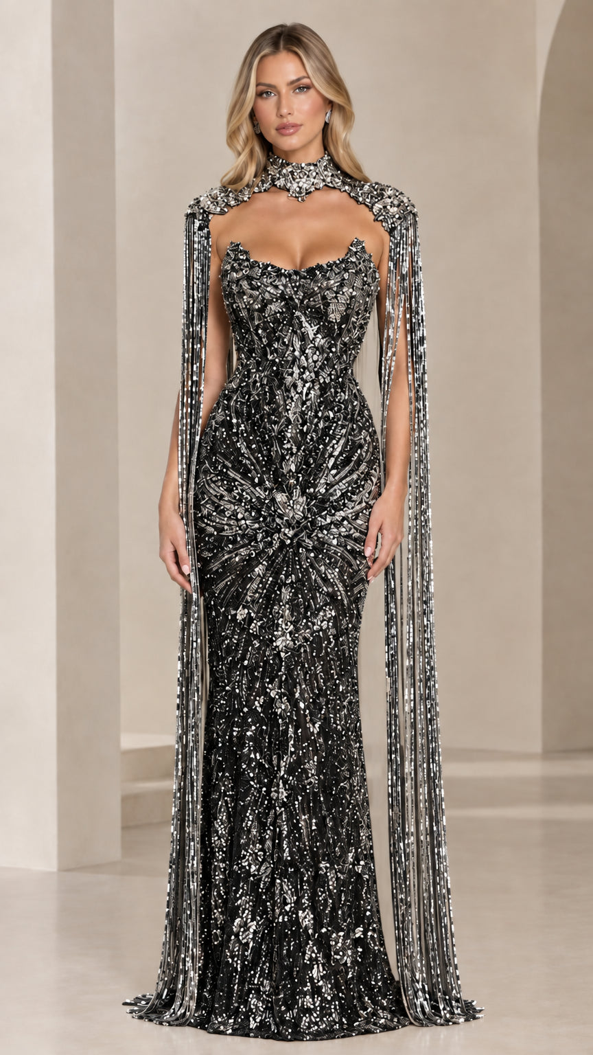 Front view of black beaded cape evening gown with sweetheart neckline and high neck choker