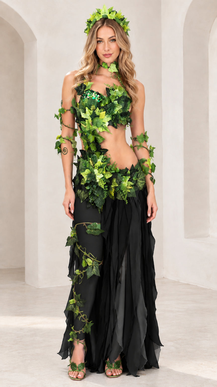 Full-length front view of the ivy leaf costume set in black