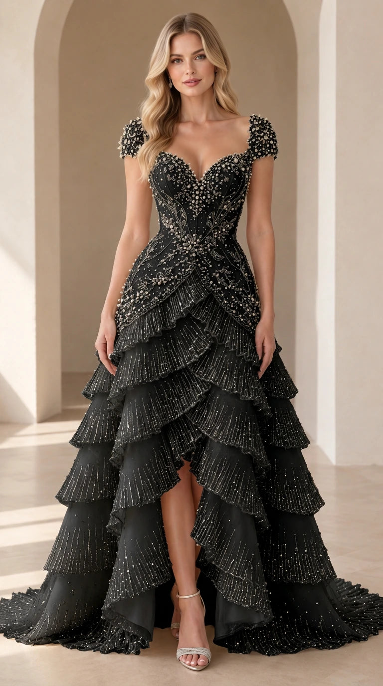 Black beaded floral tiered high-low evening gown front view