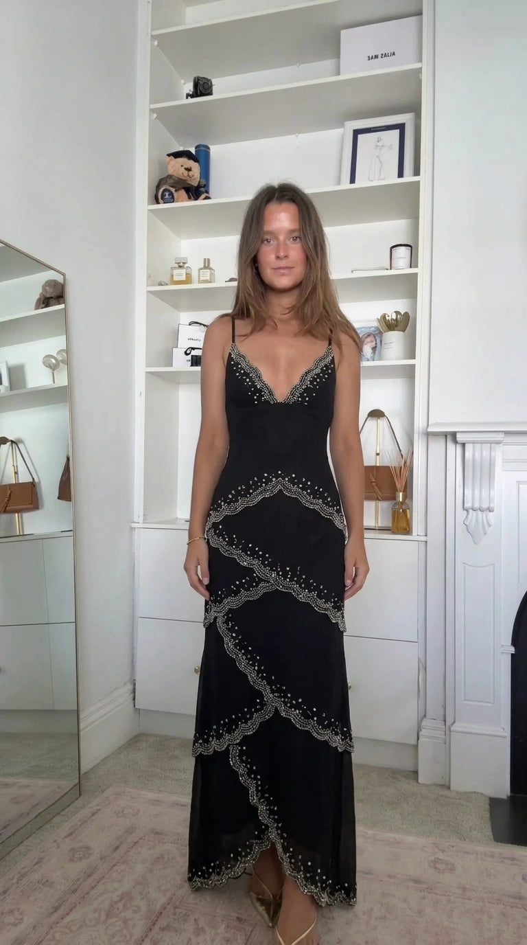 Front full-length view of the Black Beaded Scalloped Tiered Maxi Slip Dress