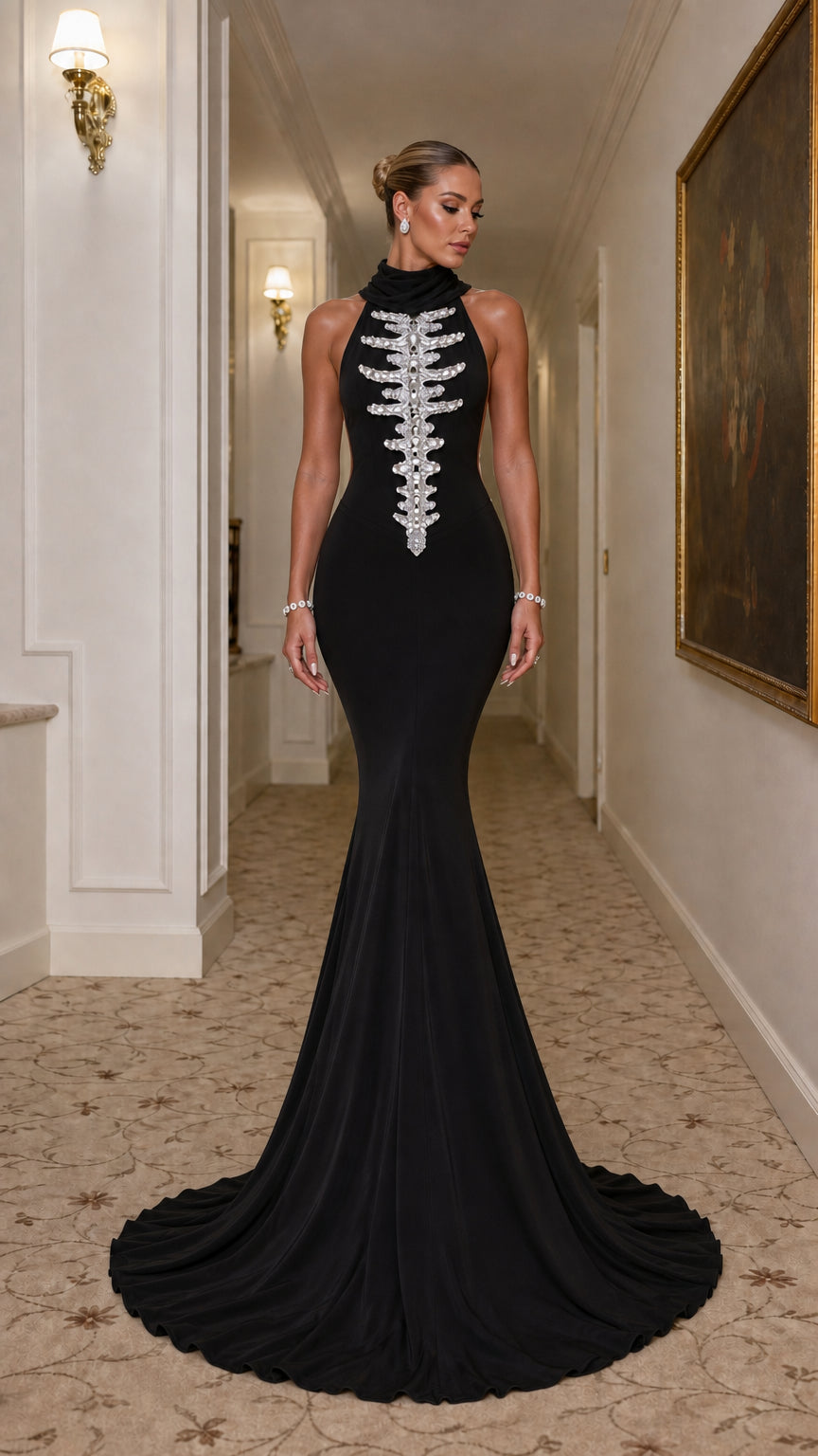 Front view of black high neck mermaid formal dress with crystal front embellishment