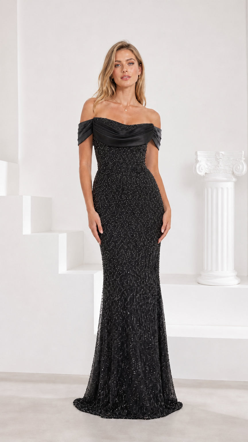 Black off-the-shoulder sequined lace mermaid formal gown